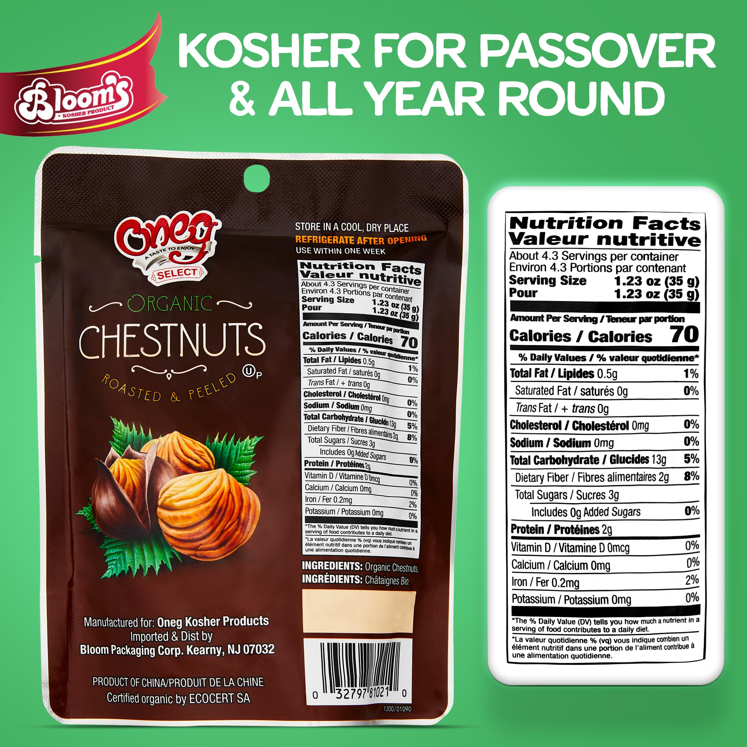 Organic Roasted & Peeled Chestnuts - Healthy Gluten-Free Vegan Snack, Ready to Eat, No Sodium or Sugar Added, 12 Pack (63.6oz) - Perfect for Hiking, Camping & Healthy On-the-Go Snacking