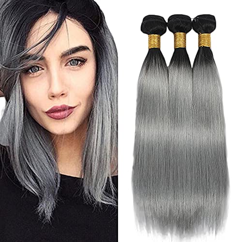 100% Brazilian Virgin Remy Human Hair Weave - 3 Bundles Straight Grey & Black Hair (22/24/26 Inch) | Unprocessed Human Hair Extensions for Black Women | Perfect for Protective Styles, Wig Making & Everyday Wear