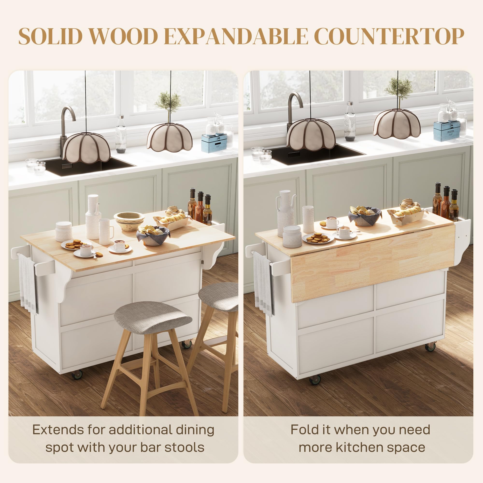 HOMCOM Rolling Kitchen Island Cart with Drop Leaf, 2 Drawers & 2 Cabinets - Mobile Kitchen Cart with Rubber Wood Top for Small Spaces - Cream White Storage Solution for Dining Room, Apartment & Home Cooking