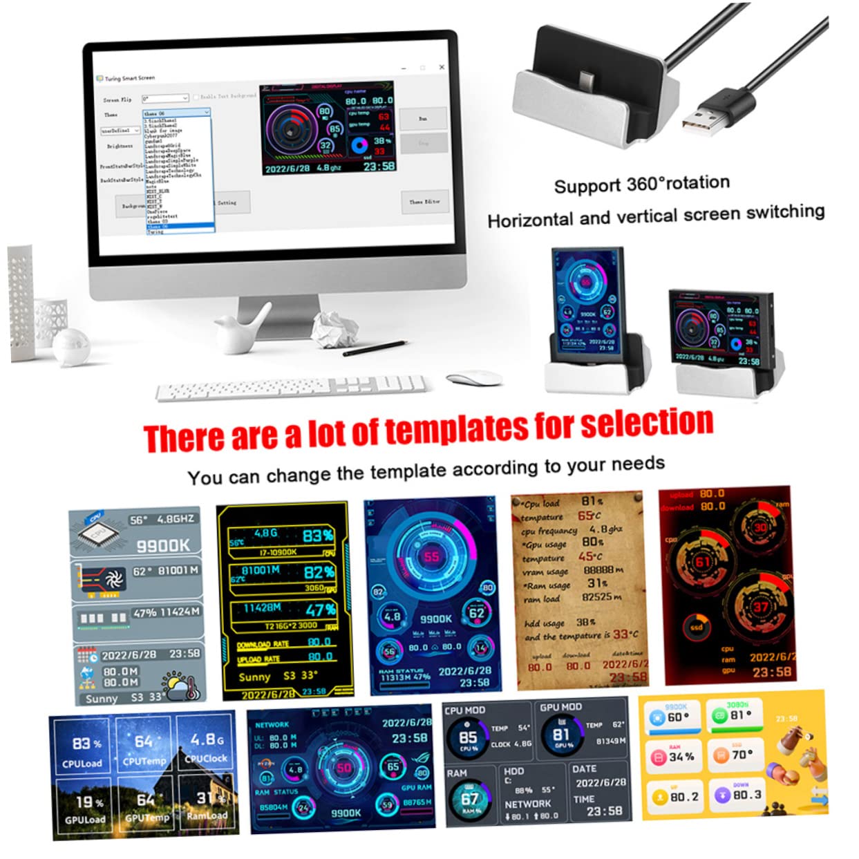 Uonlytech 4-Pack Secondary LCD Monitor for PC - 360° Rotatable CPU Temp, RAM & Network Data Display - ABS Case-Mounted Sub Screen for Gaming, Streaming & Workstation Setups