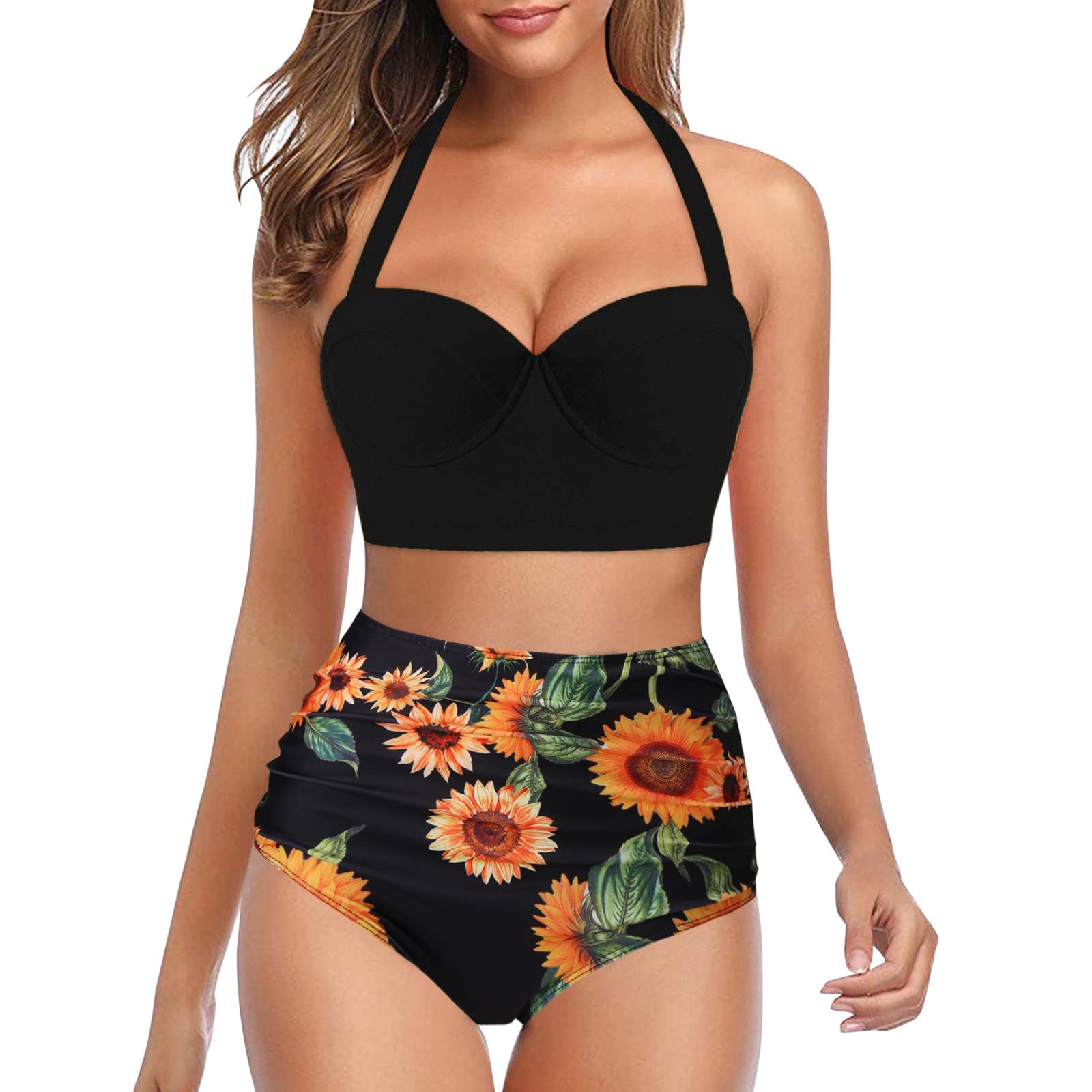 Vintage High Waist Tankini Two Piece Swimsuit for Women - Halter Wrap Bikini Top with Printed Crop & Blue Color - Perfect for Beach Vacations, Pool Parties & Summer Getaways