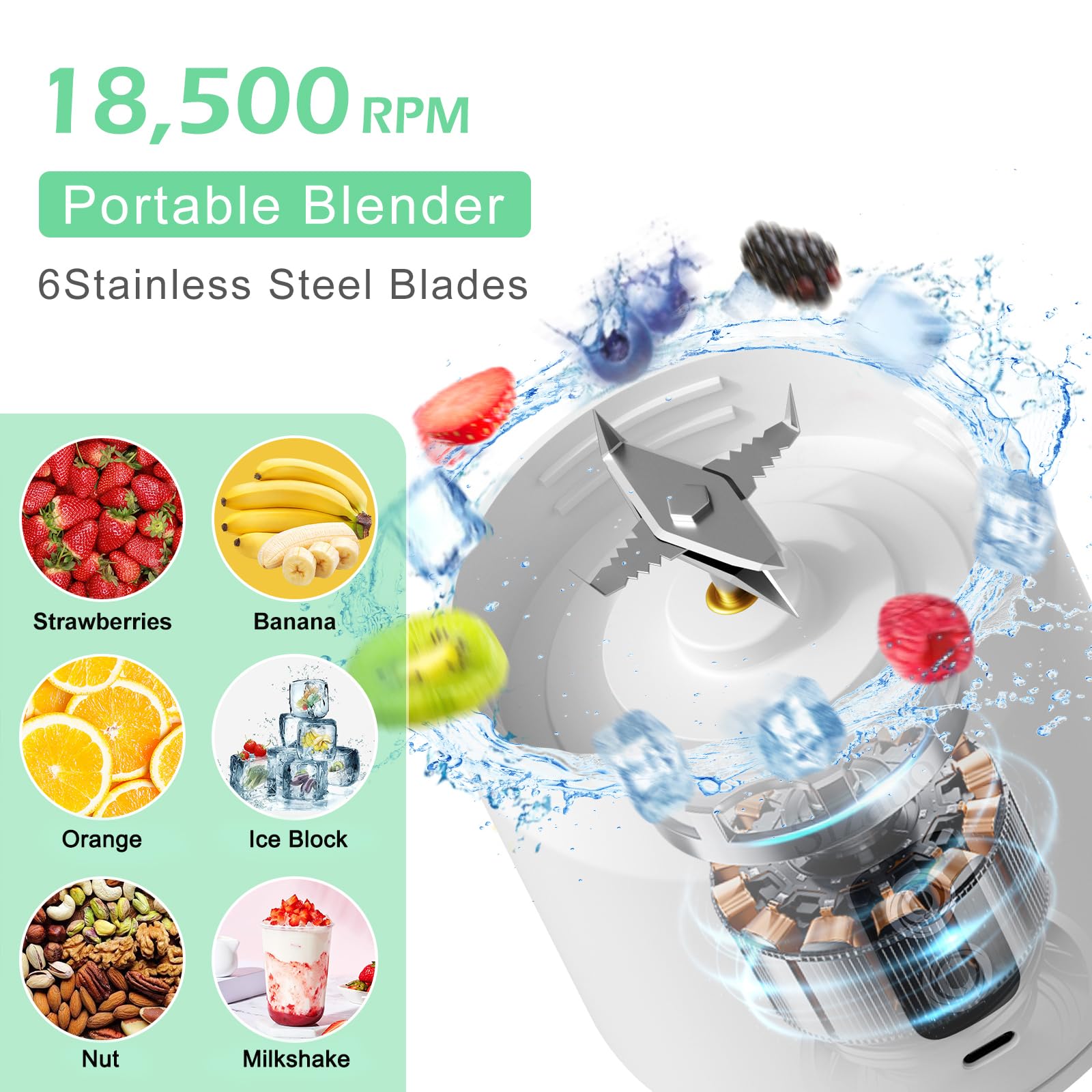 Portable USB C Rechargeable Blender - 24 oz Personal Size High Speed Blender for Shakes, Smoothies & Juices, 2000mAh*3 Battery, Compact Fruit Mixer for Travel, Gym, Office, Picnic & Outdoor Activities (White-Green)