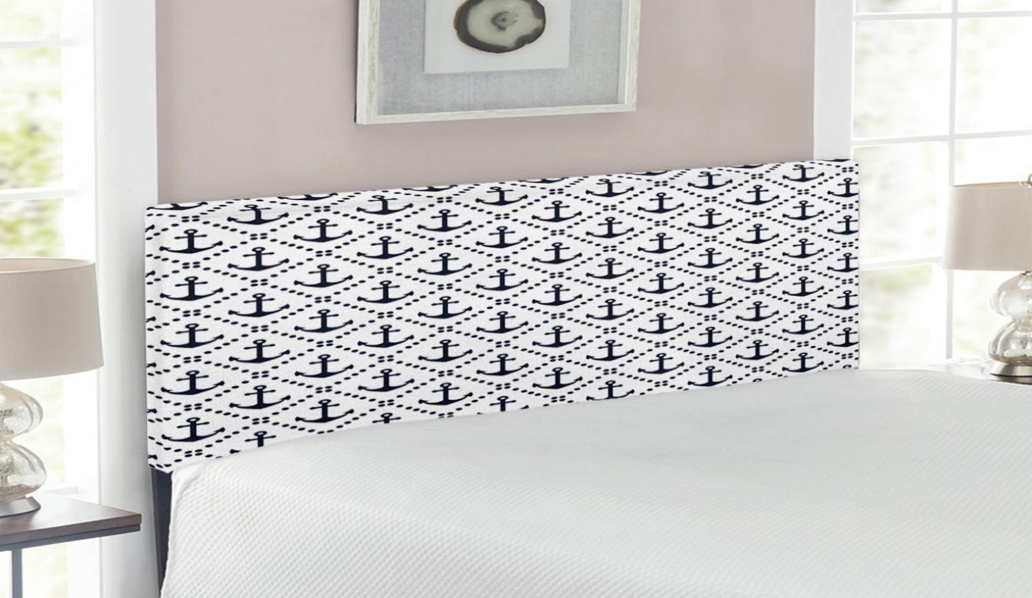 Ambesonne Geometric Upholstered Headboard - Nautical Chevron Pattern with Memory Foam, Queen Size Bed Frame in Dark Blue & White | Perfect for Coastal, Modern & Guest Bedroom Decor