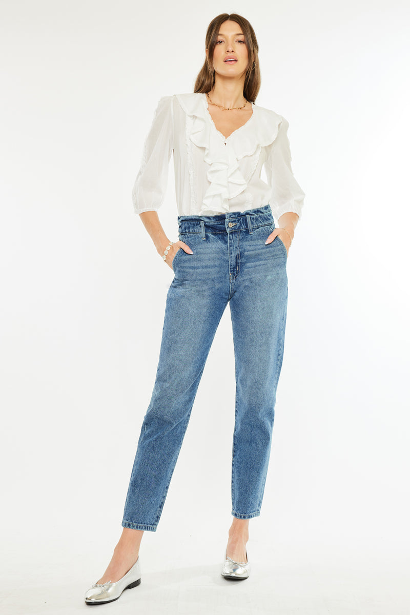 Enya High Waist Paperbag Mom Jeans for Women - Trendy Vintage Denim Pants with Adjustable Belt for Casual Outfits & Street Style