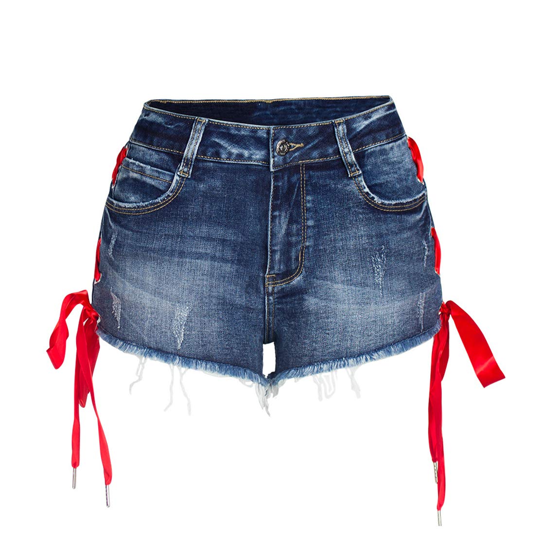 CHARTOU Women's High Rise Stretch Denim Shorts - Elastic Waist, Straight Leg, Distressed Frayed Hem with Side Ribbon Tie | Perfect for Summer, Casual Outfits & Beach Vacations
