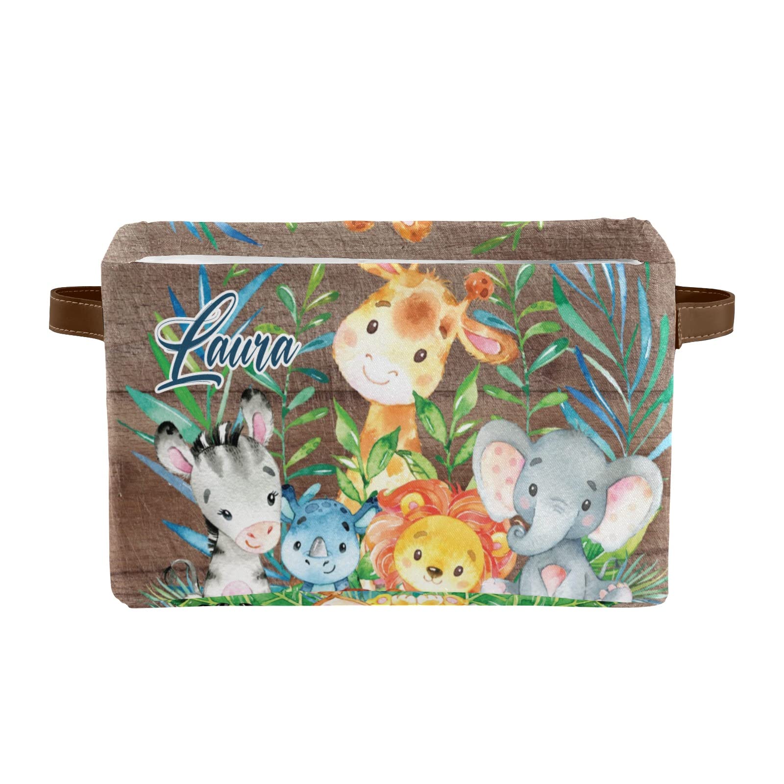 Personalized Animal Forest Storage Baskets with Handles - Custom Name Text Dog Toy Organizer, Family Cloth Bin Set of 4 for Bedroom, Nursery, or Pet Room Organization