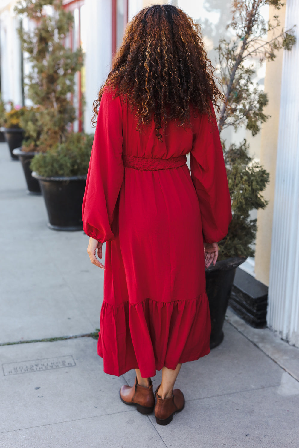 Elegant Holiday Red Overlap Ruffle V-Neck Midi Dress for Women | Christmas Party, Cocktail Event & Special Occasion Outfit