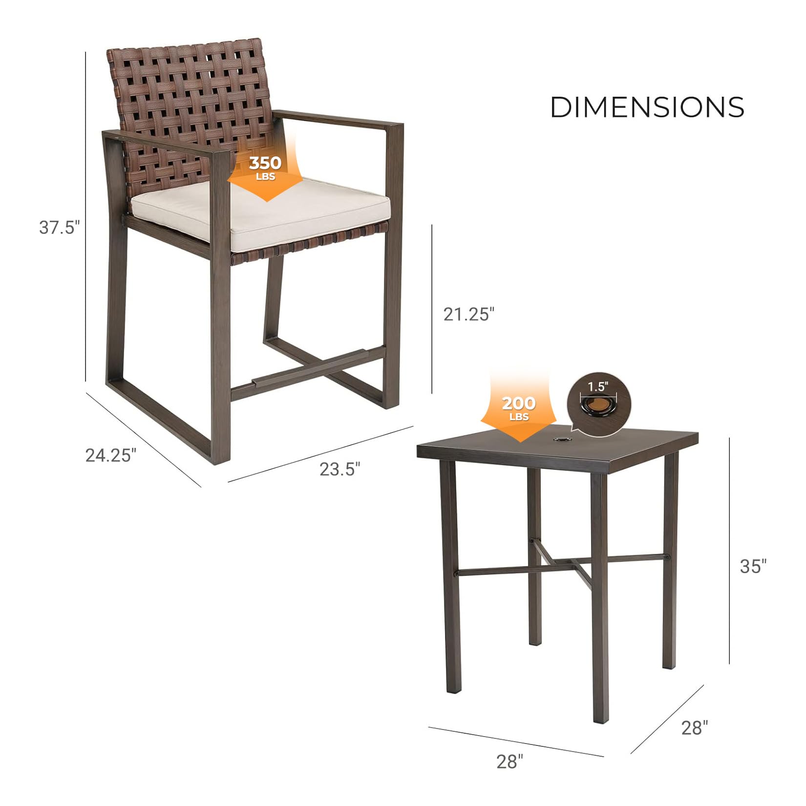 3-Piece Outdoor Bar Set with Wood Grain Texture & Leather-Look Wicker - Counter Height Patio Furniture with Umbrella Hole for Garden, Balcony, Deck - Brown - Perfect for Outdoor Entertaining & Relaxation