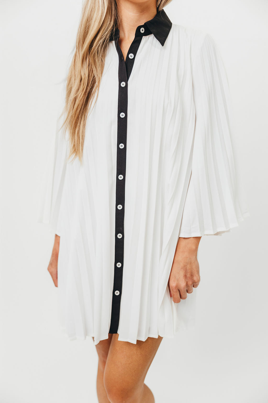 Monique Pleated Shirt Dress for Women - Ivory & Black Flowy Midi Dress with Belt | Office Wear, Spring Outfits, Casual Chic Style