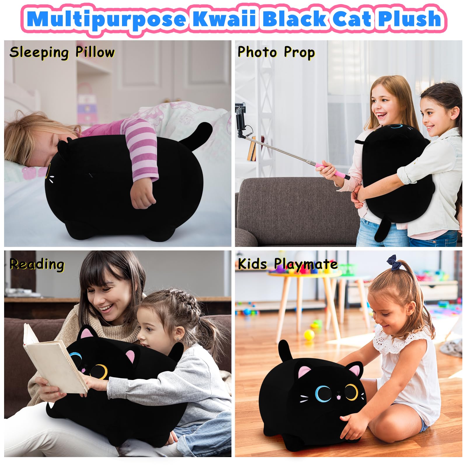 16'' Black Cat Plush Pillow with Unique Eyes - Soft Anime Stuffed Animal Toy for Kids, Girls & Boys | Perfect Birthday Gift, Home Decor, and Cuddly Companion