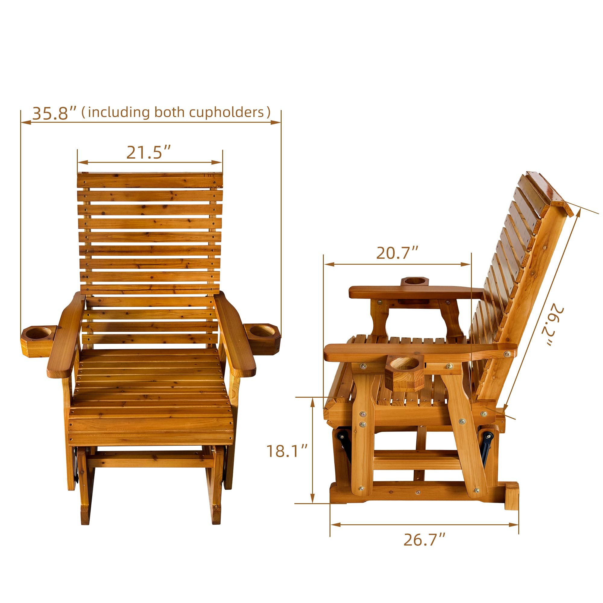 Fortune Candy Wooden Patio Glider - Single Person Outdoor Swing Chair with High Backrest & Deep Contoured Seat, Solid Fir Wood Construction, 600 LB Weight Capacity (Cedar Tone, Bridge Back) - Perfect for Porch, Garden, Deck Relaxation