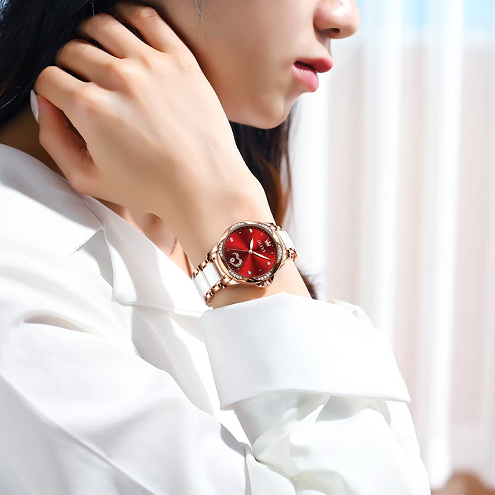 OLEVS Rose Gold Women's Automatic Watch with Two-Tone Stainless Steel & Ceramic Bracelet, Diamond-Accented Self-Winding Ladies Watch - Red/Blue/White Dial (No Battery Required) | Perfect for Office, Party & Everyday Wear