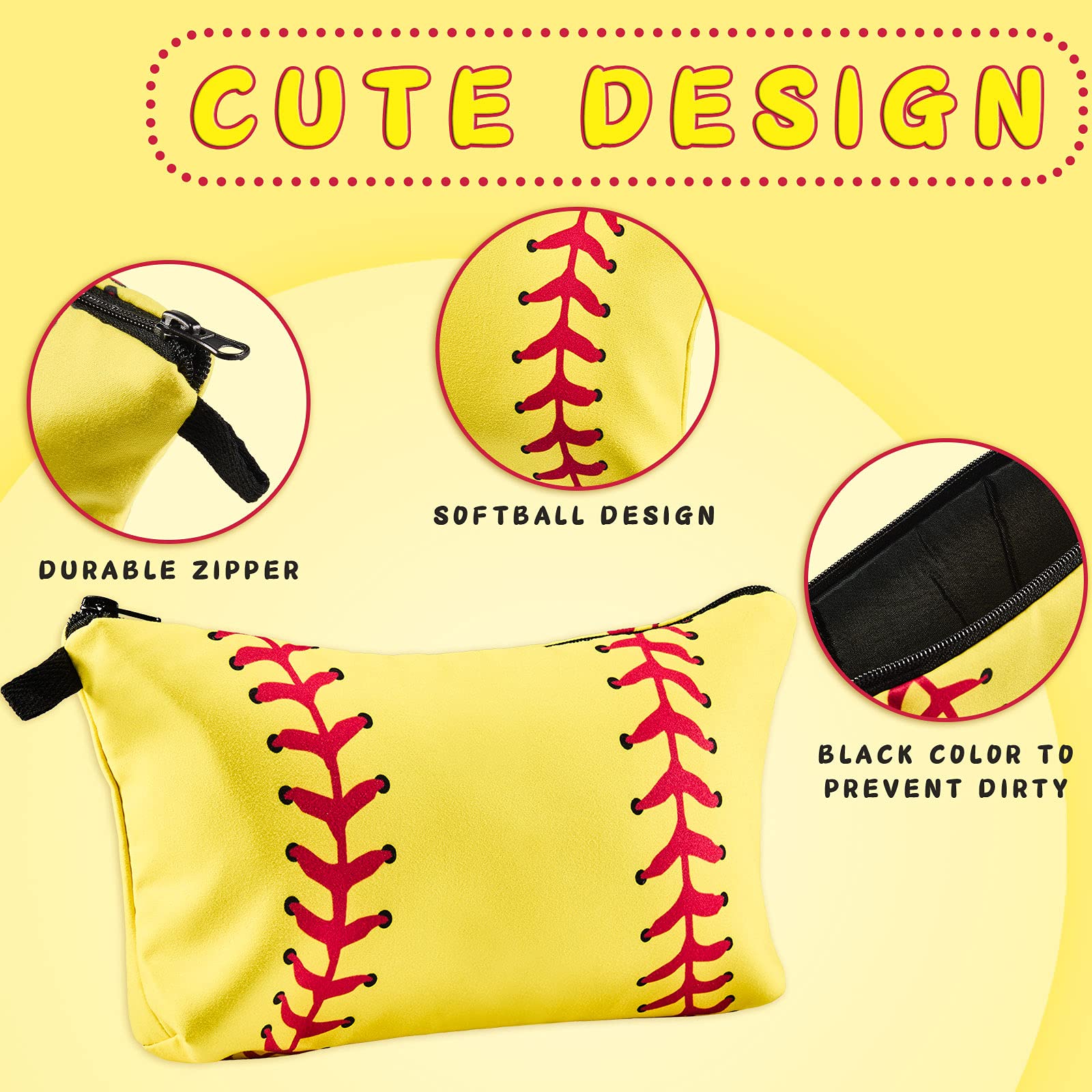 4 Pack Softball Makeup Bags - Waterproof Cosmetic Pouches for Baseball & Travel - Zippered Toiletry Organizer for Women, Girls, Athletes & Moms - Perfect for Gym, Sports Team, Vacation & Daily Use (Yellow)