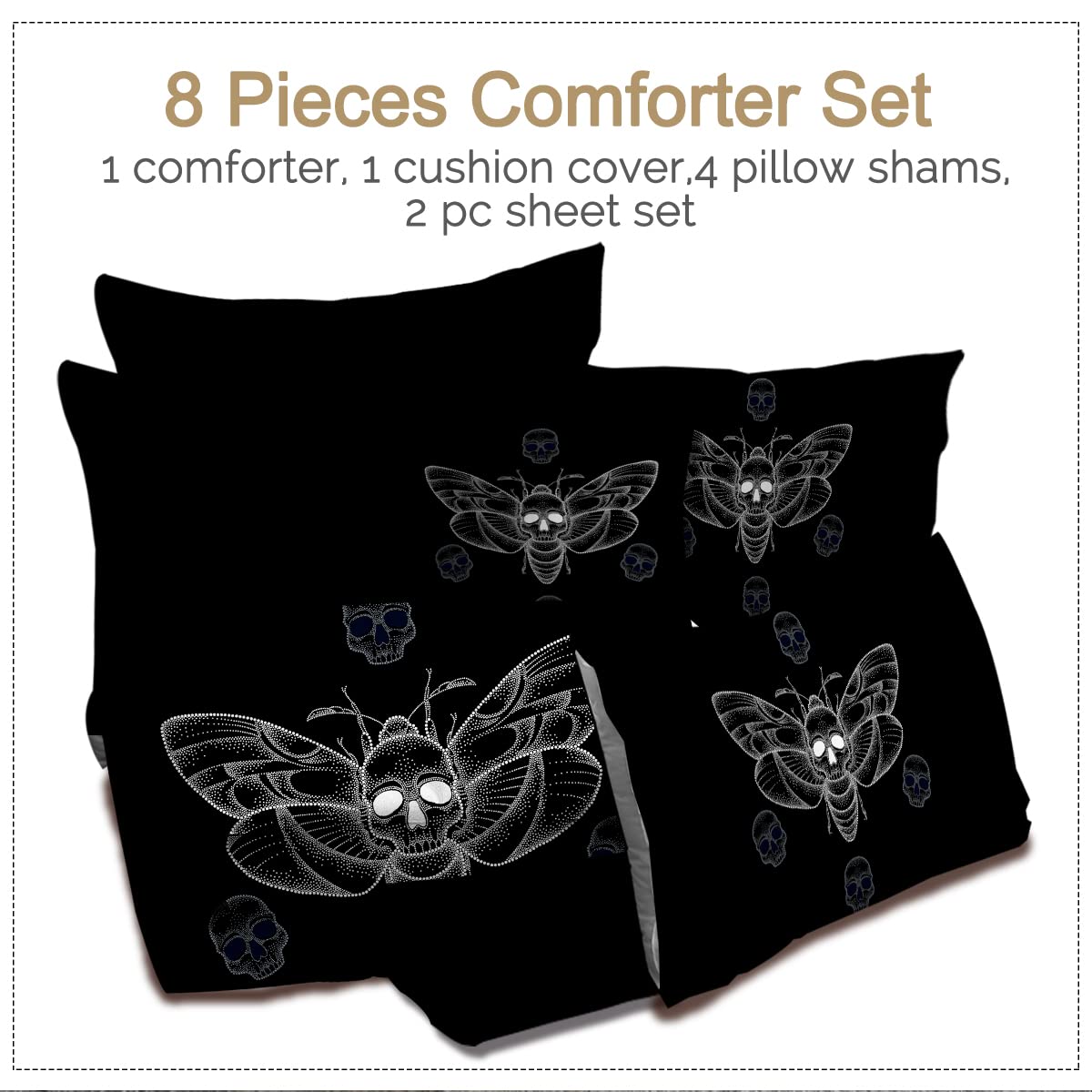 **BlessLiving Death Moth King Size Bedding Set – Gothic Hawk Moth Skull Design in Black & White, 8-Piece Halloween Comforter Set with Sheets for Boys & Teens, Perfect for Spooky Bedrooms & Themed Decor**