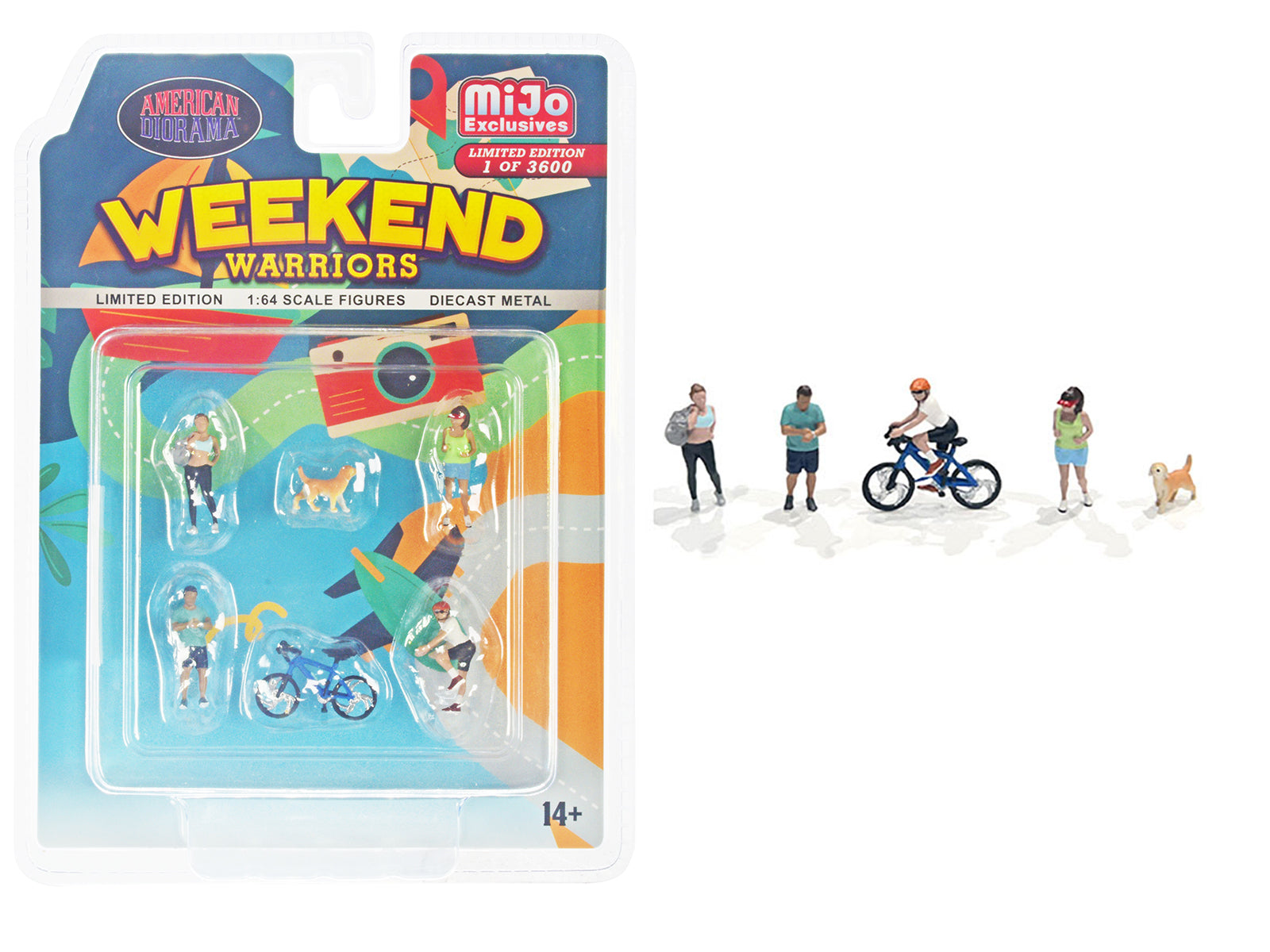 American Diorama 1/64 Scale Weekend Warriors 6-Piece Diecast Figure Set (4 Figures, 1 Dog, 1 Bicycle) - Limited Edition of 2400 Worldwide - Perfect for Model Train Layouts & Diorama Displays