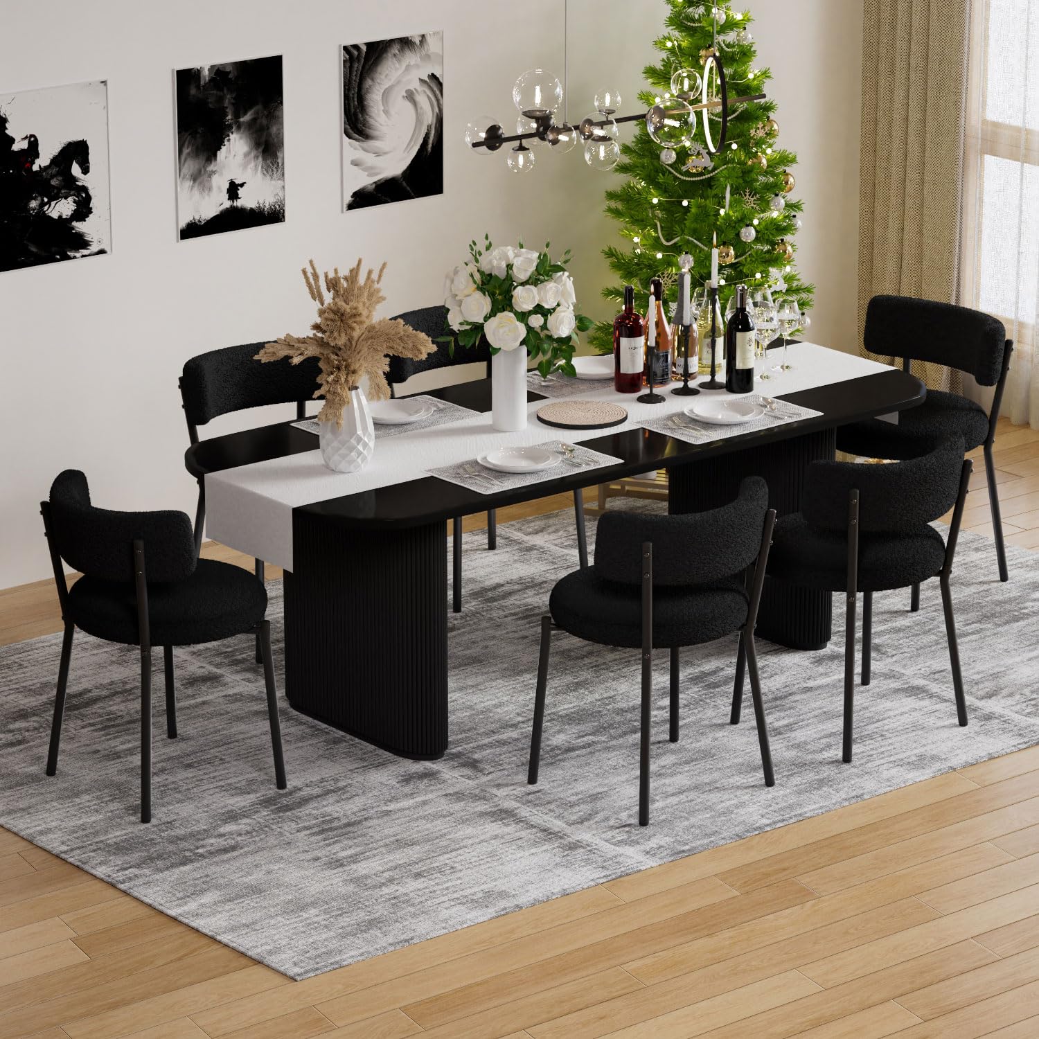 Modern Dining Chairs Set of 4 - Round Upholstered Boucle Sherpa Kitchen Chairs with Curved Backrest & Black Metal Legs | Mid-Century Style for Dining Room, Breakfast Nook & Small Space Decor