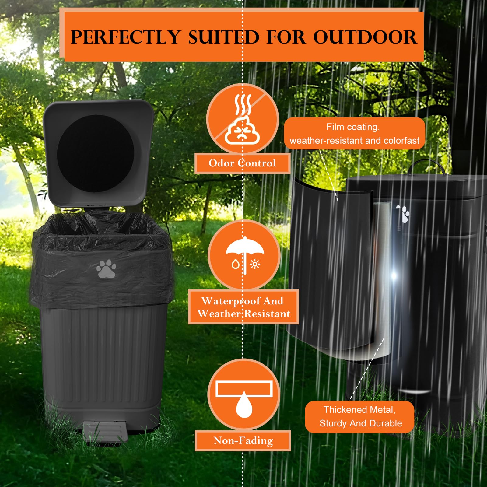 5L/1.3Gal Metal Dog Waste Trash Can with Lid & Foot Pedal - Outdoor Pet Poop Station Includes 40 Waste Bags - Soft Close Small Garbage Bin for Backyard, Patio & Dog Park (Black)