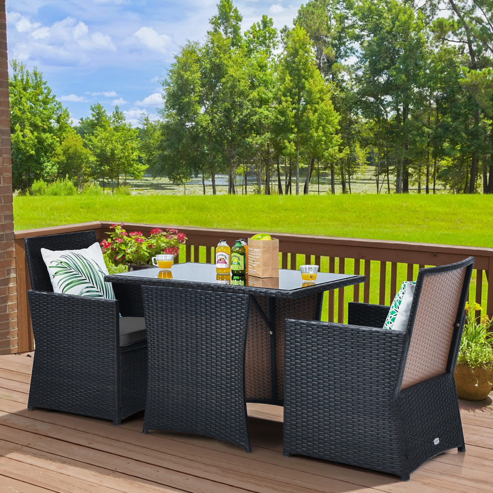 HappyGrill 3-Piece Outdoor Wicker Bistro Set - PE Rattan Dining Table with Cushioned Chairs, Patio Conversation Furniture for Backyard, Porch, Garden & Poolside - Perfect for Outdoor Dining & Relaxing