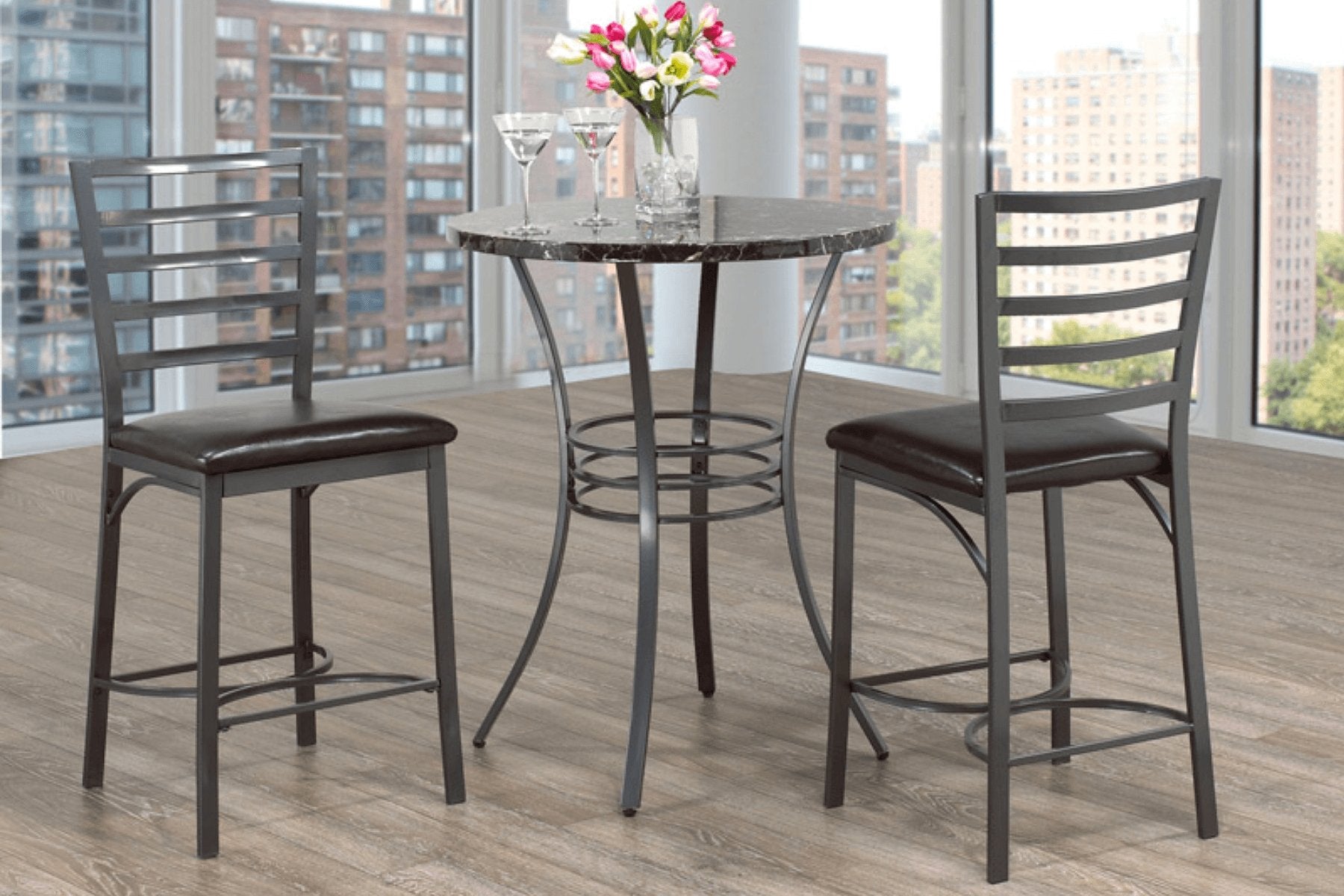 3-Piece Pub Table Set with Marble Top & Grey Metal Legs - Modern Bar Height Dining Set for Kitchen, Patio, or Game Room