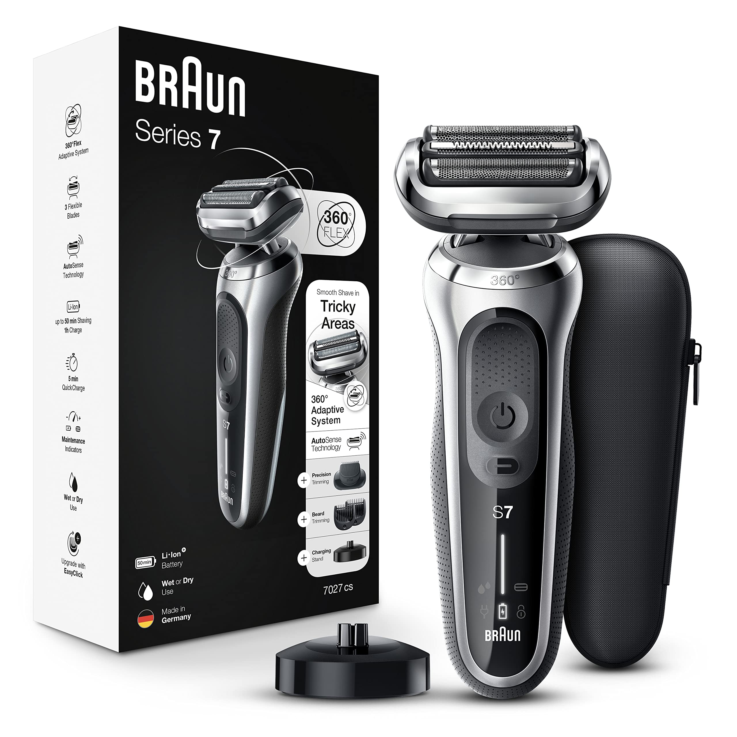 Braun Series 7 7027cs Men's Electric Shaver - Waterproof Foil Shaver for Wet & Dry Shaving with Beard Trimmer - Rechargeable Razor with Charging Stand & Travel Case (Silver Black) - Perfect for Home Use, Travel & Daily Grooming