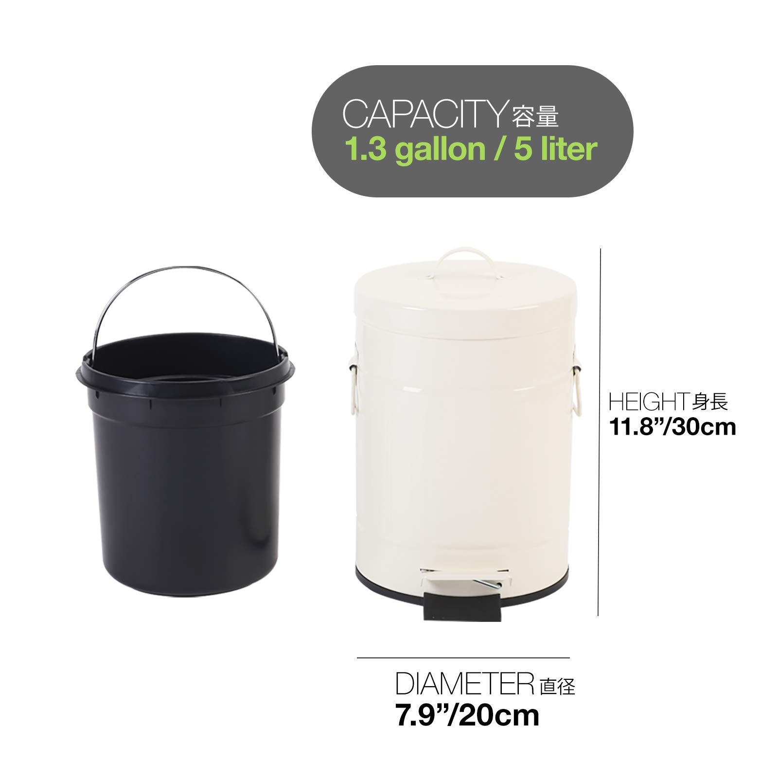 Retro Step Trash Can with Lid - 5L/1.3 Gallon Small Bathroom & Bedroom Garbage Bin - Soft Close Vintage Waste Basket for Home, Office - Glossy Cream White | Perfect for Bathrooms, Bedrooms & Home Offices