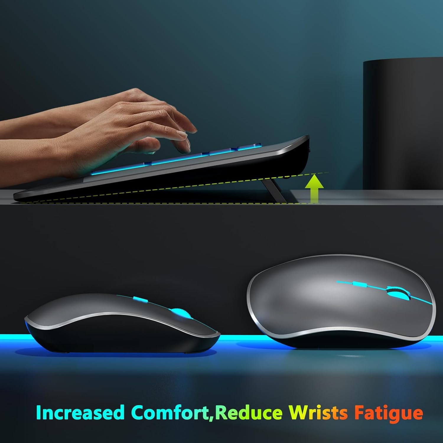 JOYACCESS Wireless Keyboard and Mouse Combo - Rechargeable Backlit Keyboard with RGB Mouse, Compact Quiet Cordless Set for Mac Windows PC Laptop (Space Gray) | Perfect for Office Work, Gaming & Home Use