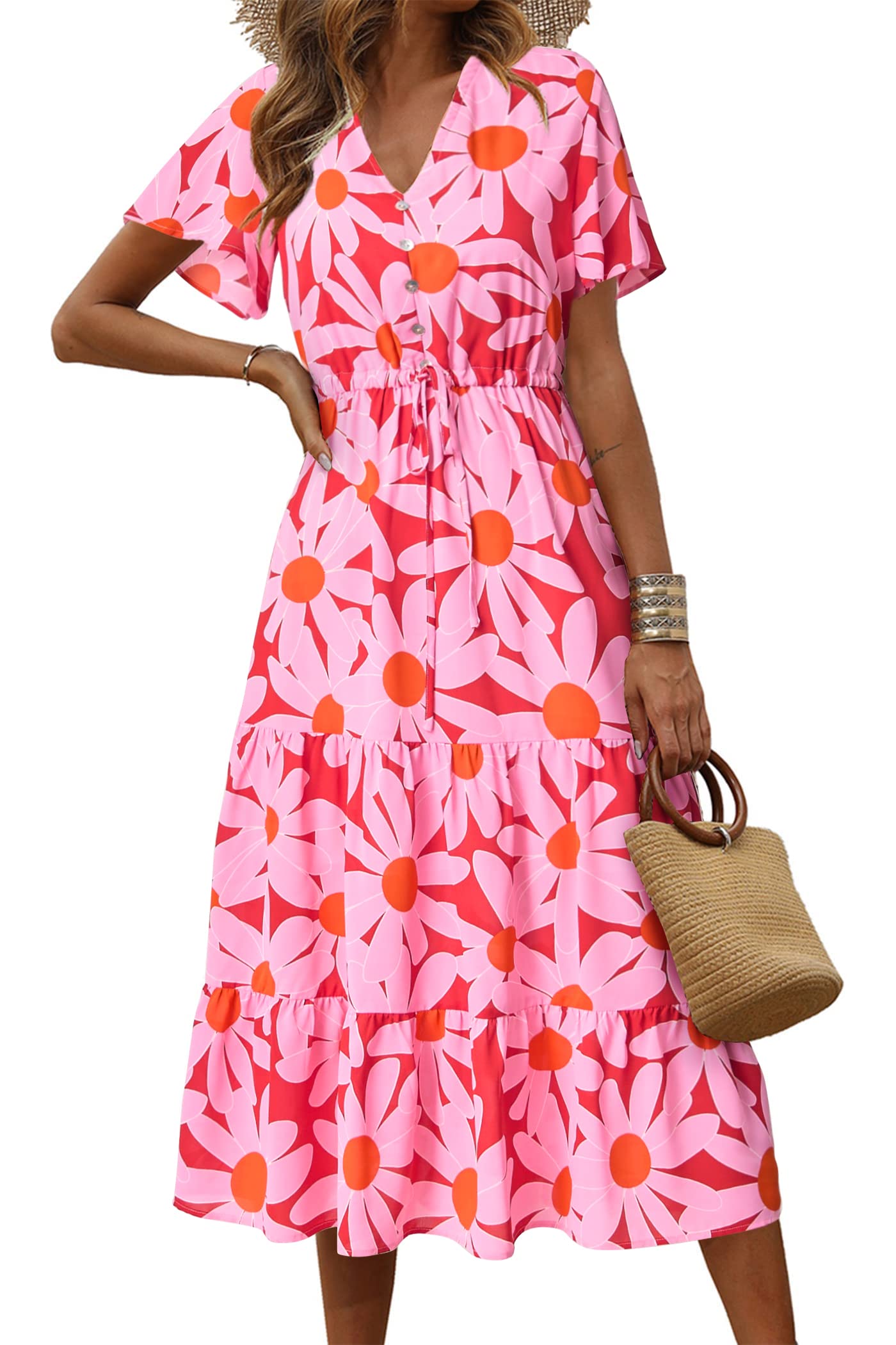 PRETTYGARDEN Women's Floral Maxi Dress - 2025 Summer Casual Short Sleeve V-Neck Tiered Boho Sundress | Beach Vacation, Outdoor Party & Date Night Outfit