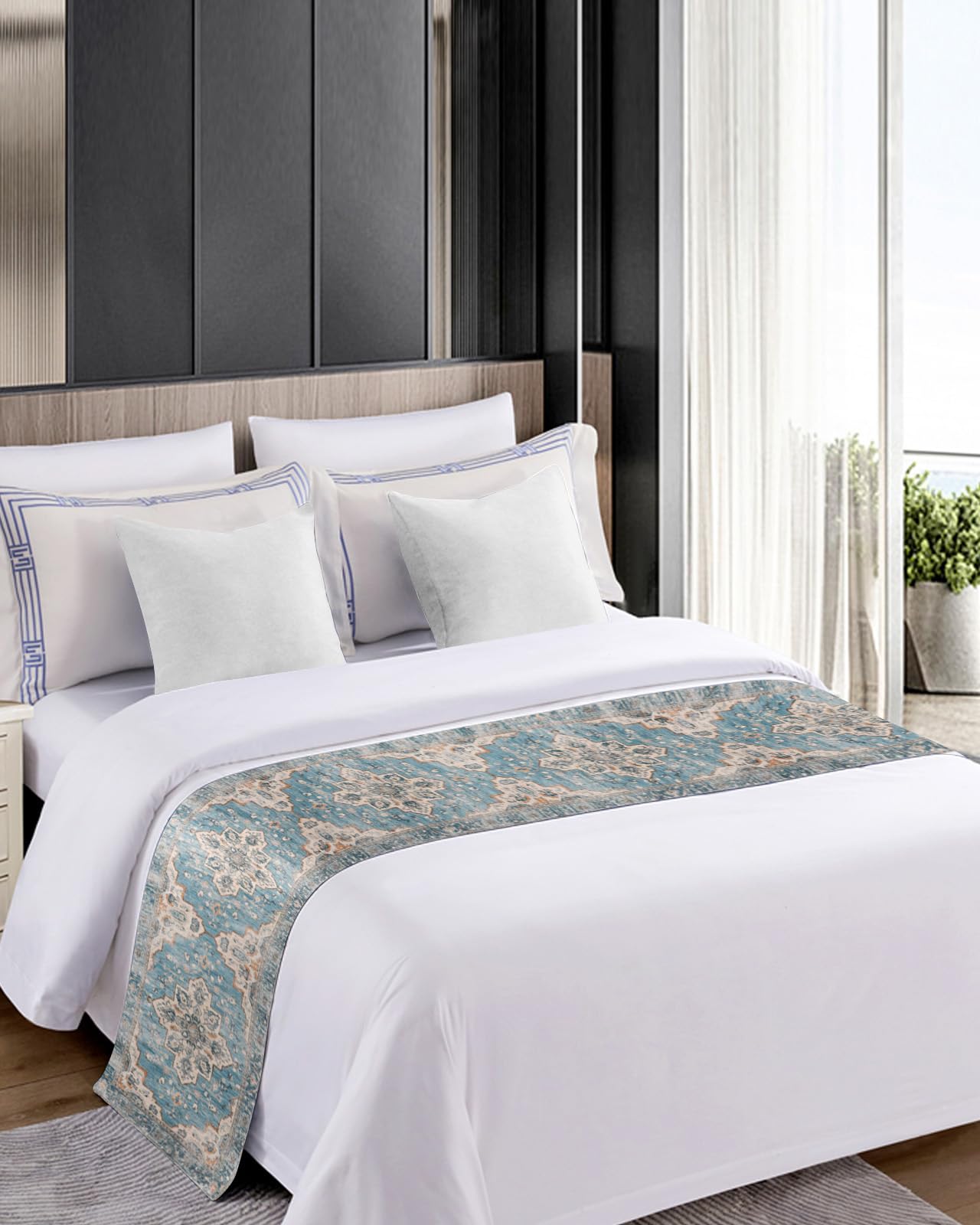 Blue Boho Bed Runner for Queen Size Bed - 83 x 20 Inch Luxury Bed Scarf Throw with Mid-Century Abstract Geometric Design - Perfect for Home Decor, Hotel Bedding & Western Style Bedroom Accent