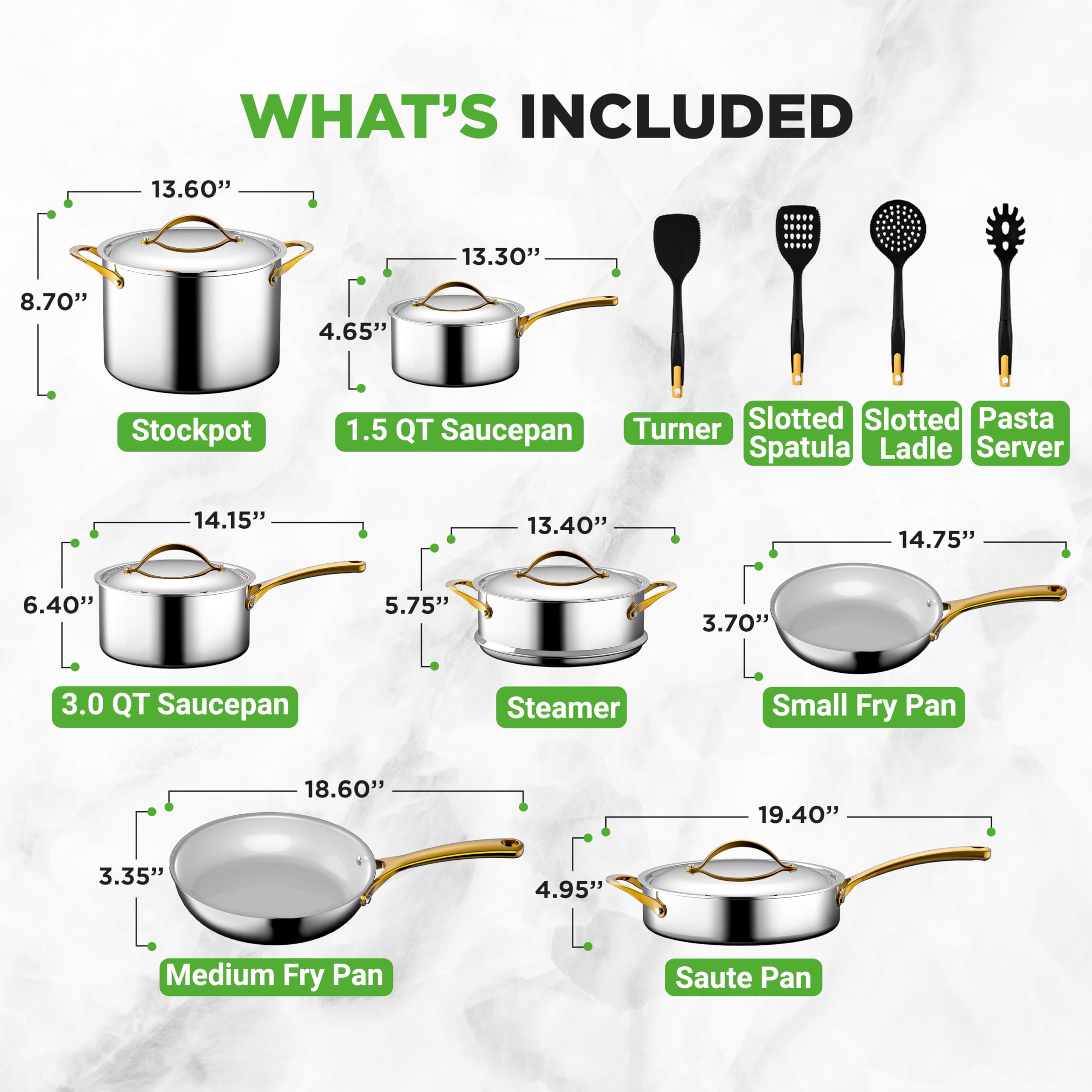 NutriChef 16-Piece Stainless Steel Cookware Set with Non-Stick Ceramic Coated Fry Pan & Nylon Utensils - Premium Kitchen Pots & Pans for Healthy Cooking | Perfect for Home Chefs, Family Meals & Professional Kitchens