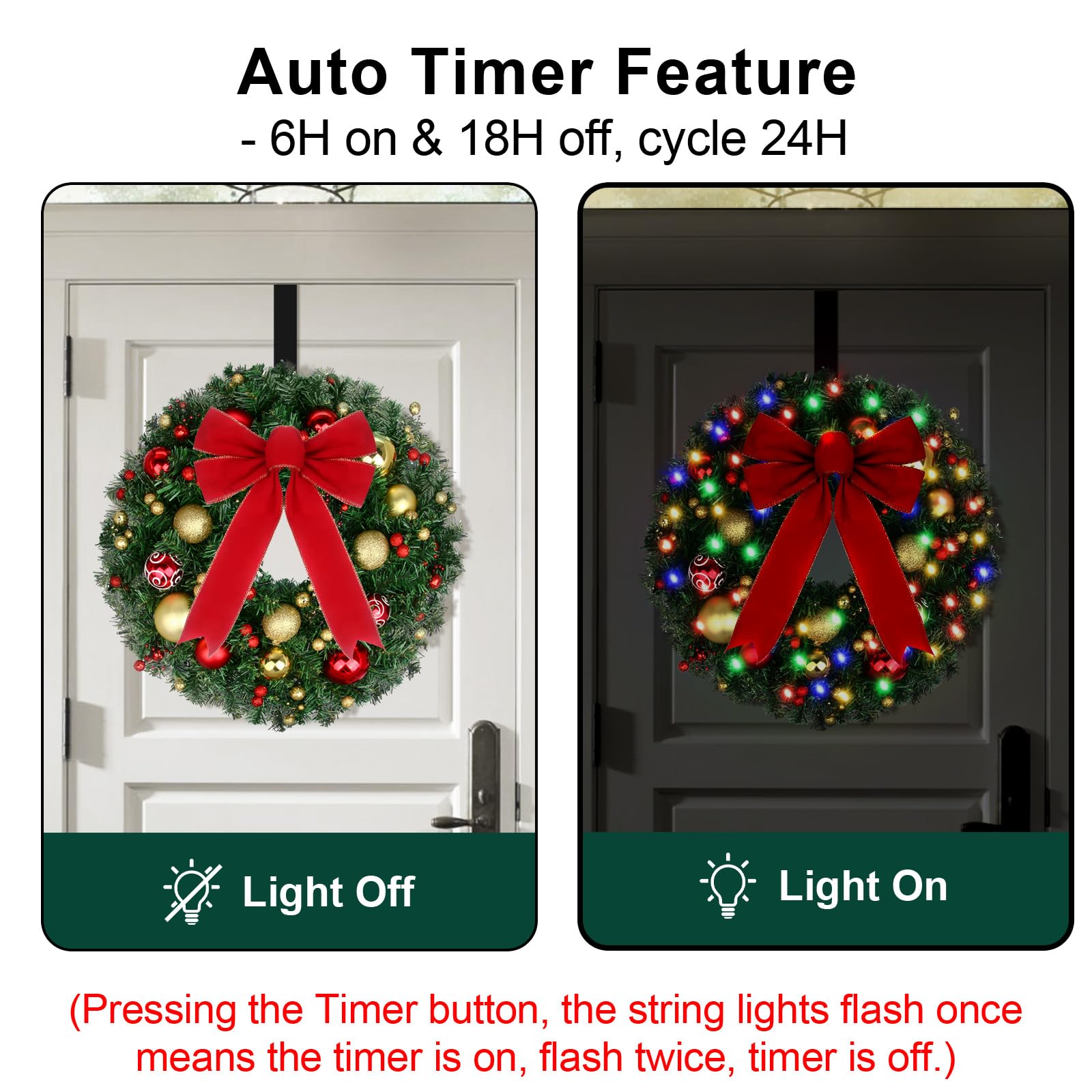 24 Inch Prelit Christmas Wreath with Battery Operated LED Lights & Remote - Waterproof Outdoor Holiday Door Wreath with Timer, 50 Warm White LEDs, Wreath Hanger & Ball Ornaments - Perfect for Front Door, Fireplace, Window & Christmas Home Decorations