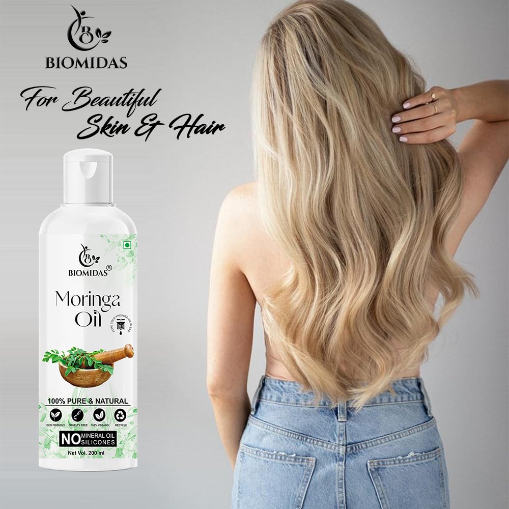 Biomidas 100% Pure Cold Pressed Moringa Oil for Hair Growth, Skin Moisturizer & Anti-Aging Face Care - 200ml (Pack of 1) | Natural Hair Treatment, Dry Skin Relief & Wrinkle Reduction | Perfect for Daily Beauty Routine & DIY Skincare Recipes