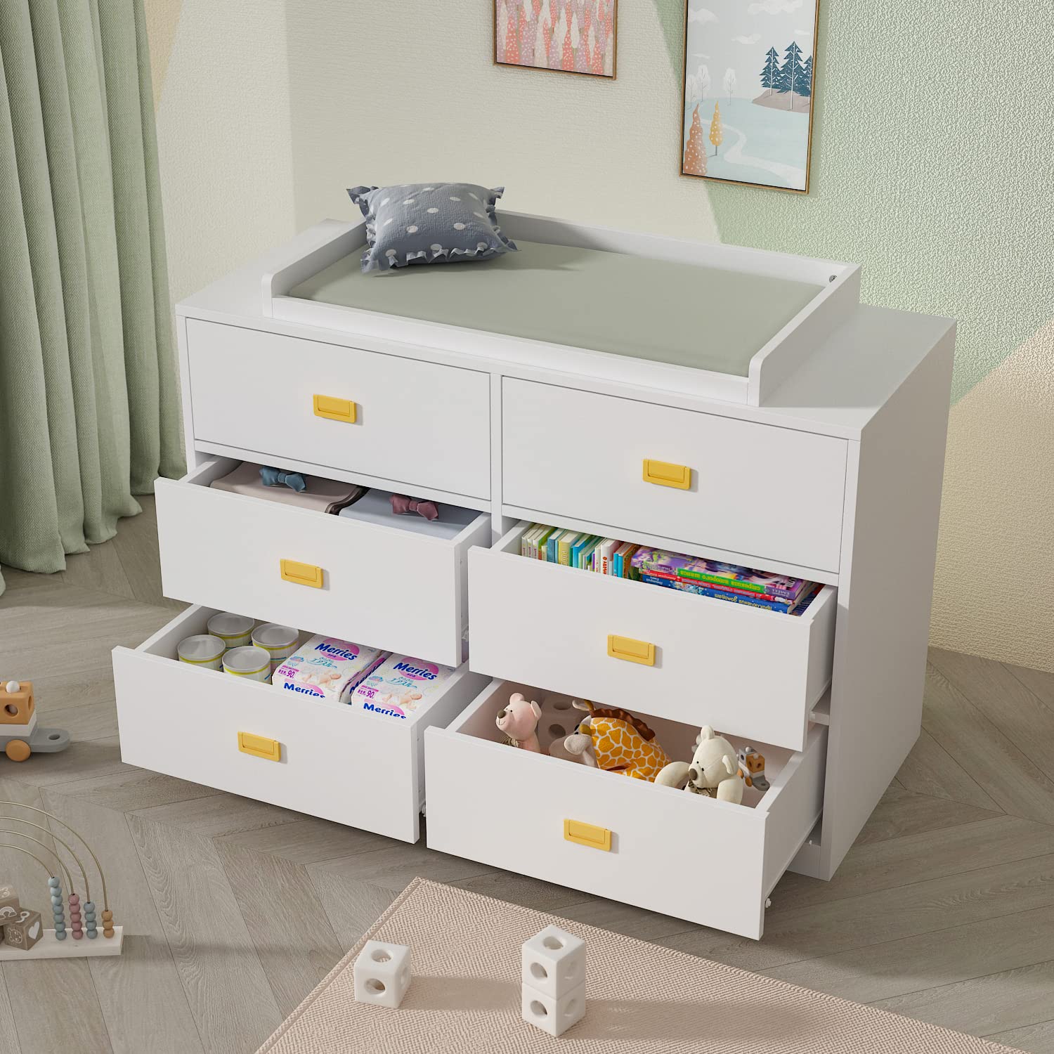 AIEGLE White Nursery Dresser with 6 Drawers & Changing Table Top - Kids Bedroom Storage Organizer, 45.1