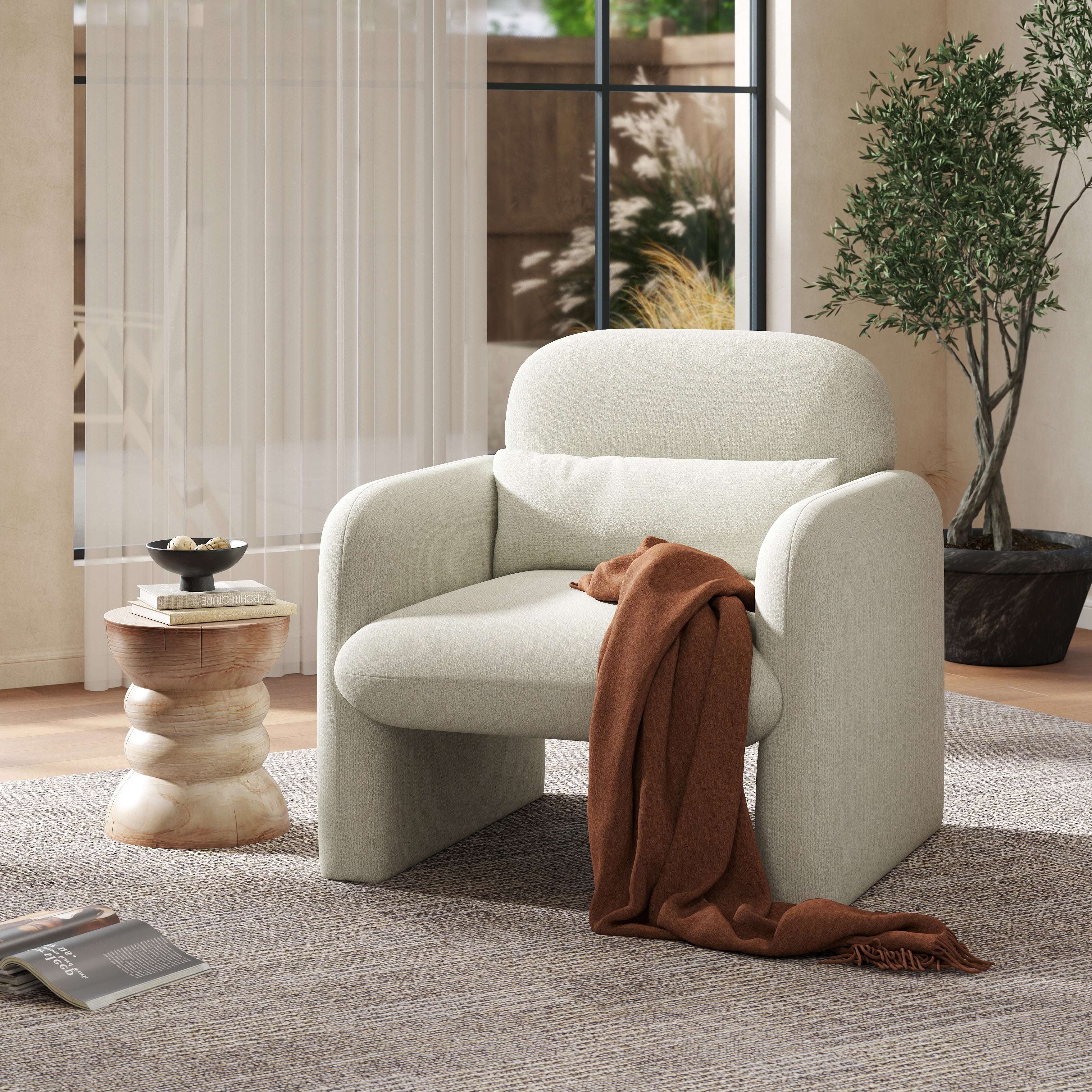 Roundhill Furniture Dylan Modern Upholstered Barrel Armchair in Cream White - Stylish Accent Chair for Living Room, Bedroom or Office