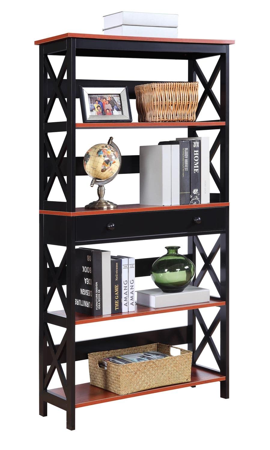 Oxford 5-Tier Bookcase with Storage Drawer - Cherry & Black Finish - Perfect for Home Office, Living Room, or Bedroom Organization