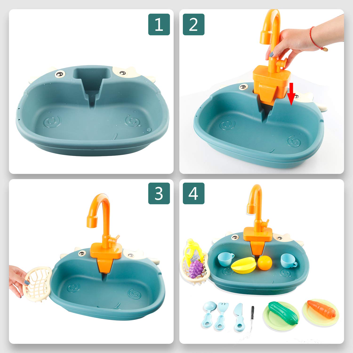 Ruibytree Kids Pretend Play Kitchen Sink Toy with Electric Running Water Faucet, Dishwasher & Cutting Food Accessories - Role Play Toy for Toddlers (Cute Cow Design) - Perfect for Preschool Learning & Imaginative Play