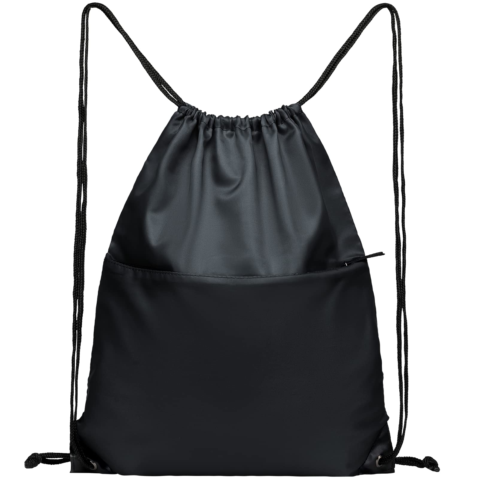 Lightweight Drawstring Backpack - 210D Nylon Foldable Gym Bag with Zipper Side Pocket for Men & Women | Perfect for Sports, Travel & School (Black)