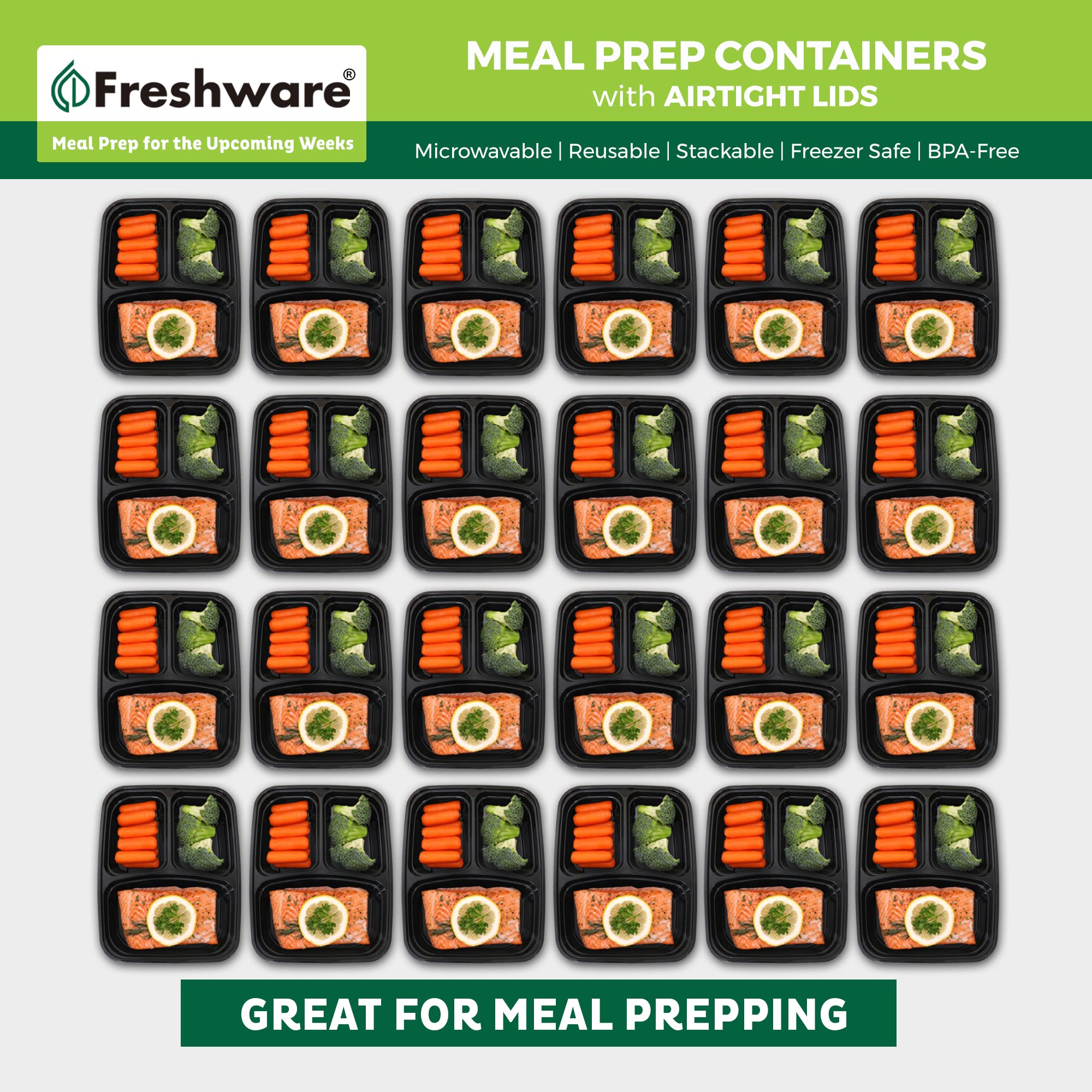 Freshware 50-Pack 3-Compartment Meal Prep Containers with Lids - BPA Free, Stackable Bento Boxes - Microwave, Dishwasher & Freezer Safe (24 oz) - Perfect for Meal Prepping, Lunches, Leftovers & Food Storage