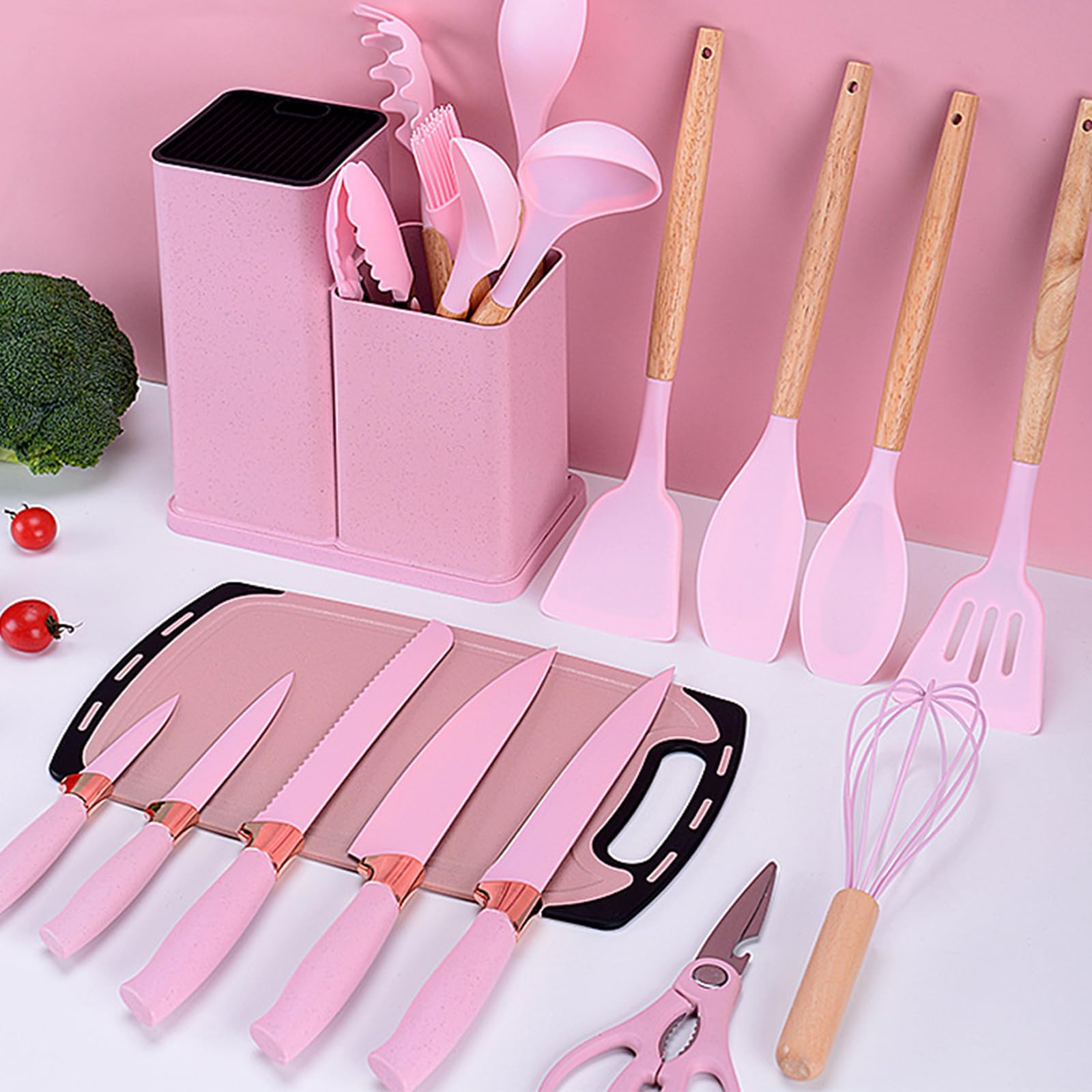19-Piece Silicone Cooking Utensil Set with Wooden Handle - Non-Stick Heat Resistant Kitchen Tools for Baking & Cooking (Pink)