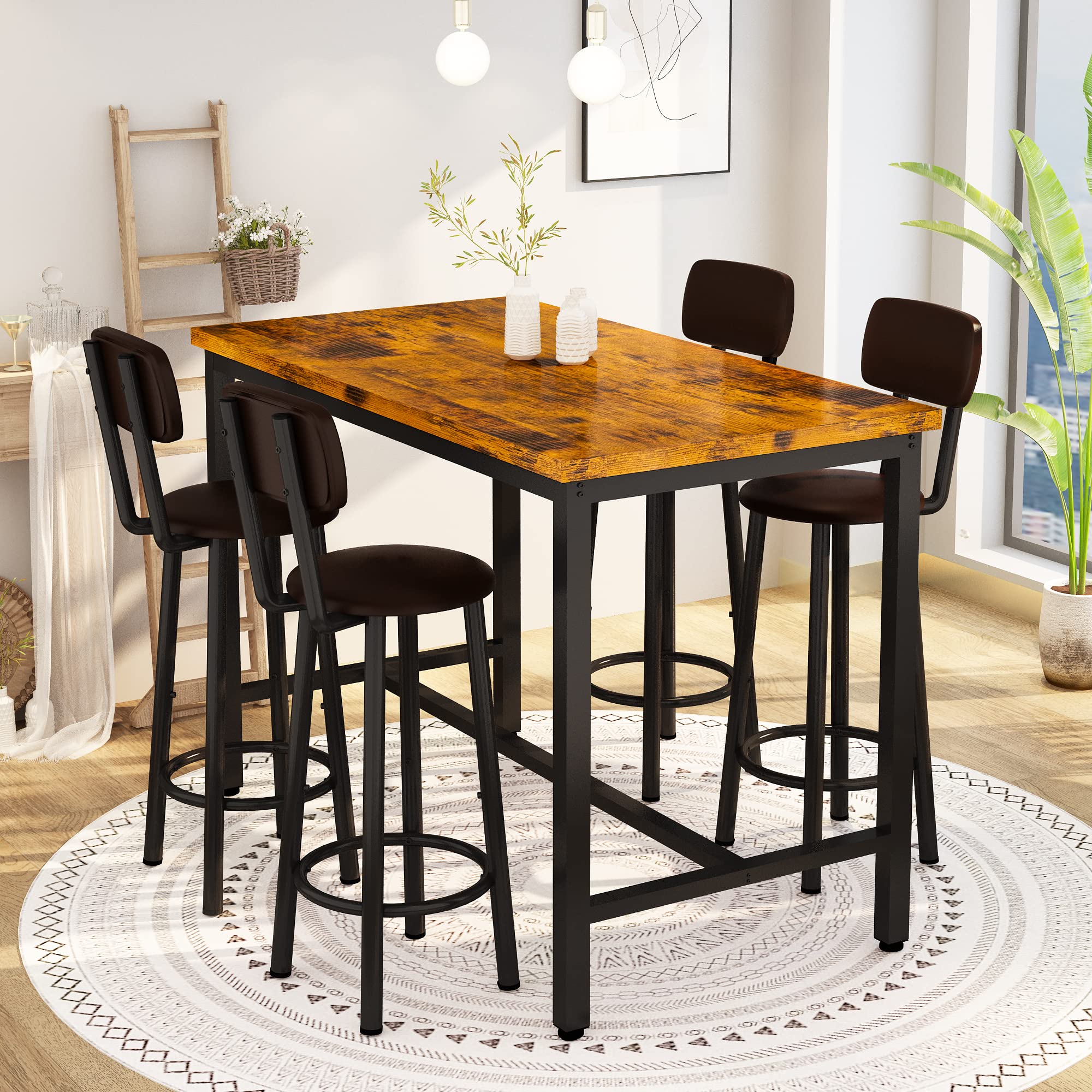 **Industrial Counter Height Dining Table Set for 4 with PU Upholstered Stools - Rustic Brown Kitchen Pub Table for Small Spaces, Restaurants & Home Use | Perfect for Compact Kitchens, Breakfast Nooks & Entertaining**