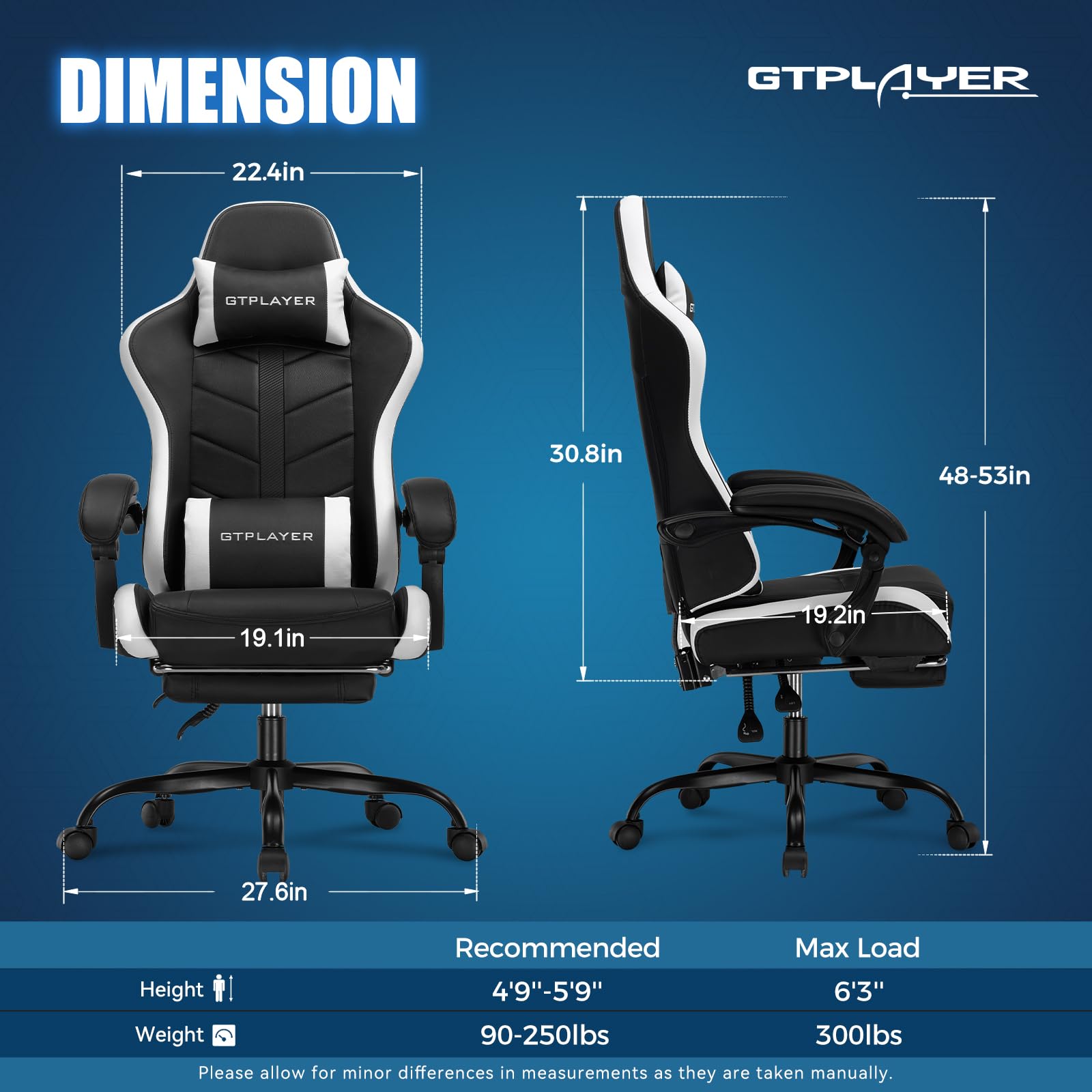 GTPLAYER Ergonomic Gaming Chair with Adjustable Footrest - Height Adjustable Computer Gaming Chair for Adults & Kids, 90-155° Recline, Removable Headrest & Lumbar Support (Carbon Black-White) - Perfect for PC Gaming, Office Work & Home Entertainment