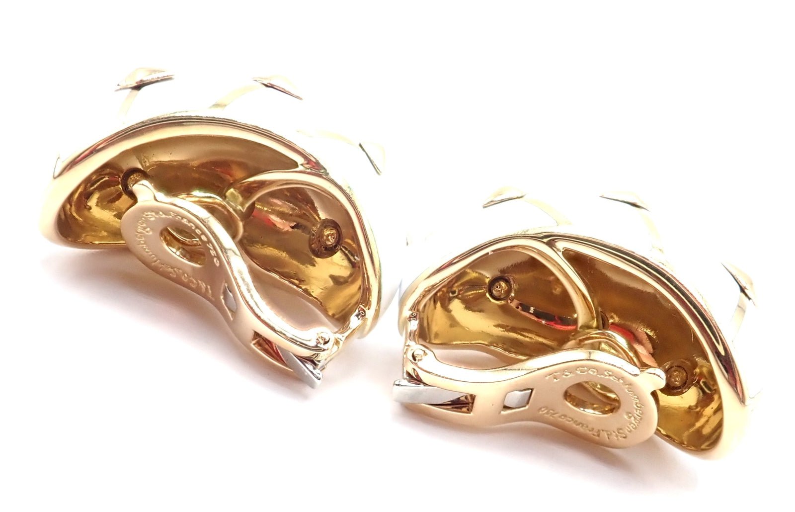 Tiffany & Co Schlumberger Dot Losange 18k Yellow Gold White Enamel Hoop Earrings | Luxury Designer Jewelry for Women | Perfect for Parties, Weddings & Special Occasions