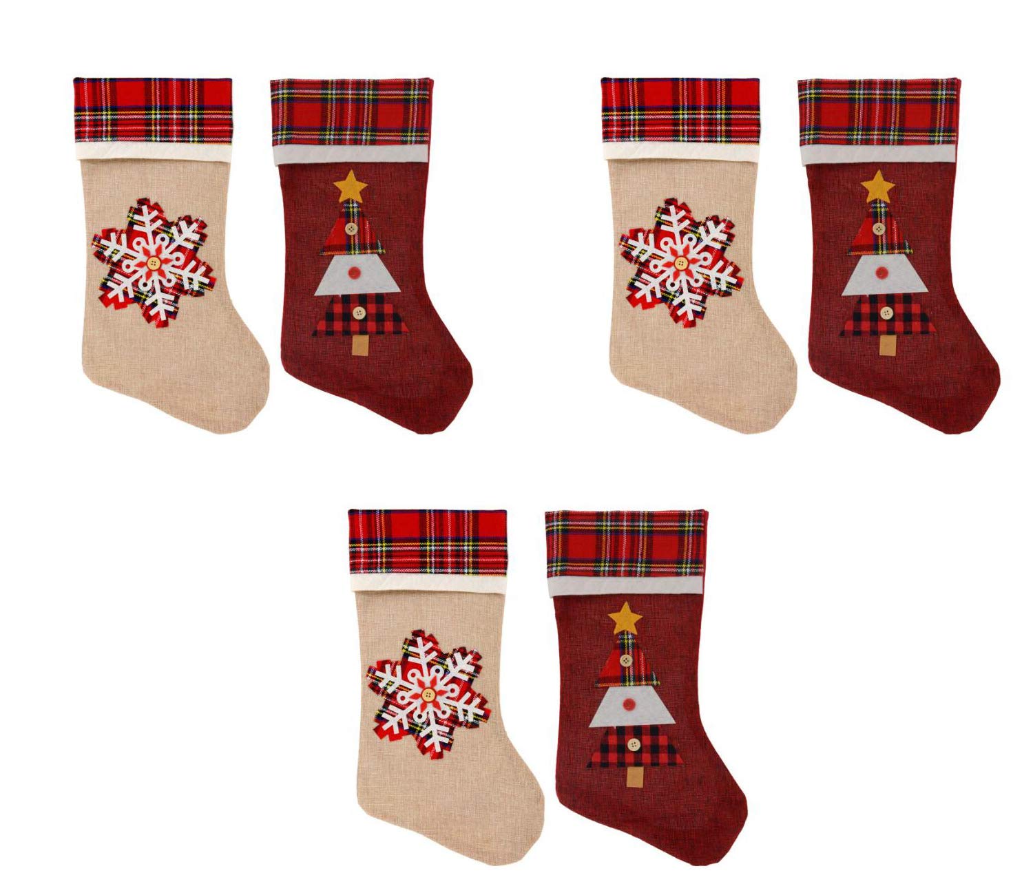 6 Pack Christmas House Woodsy-Plaid Stockings - Festive Holiday Decor for Fireplace Mantel, Christmas Tree & Home Decorations