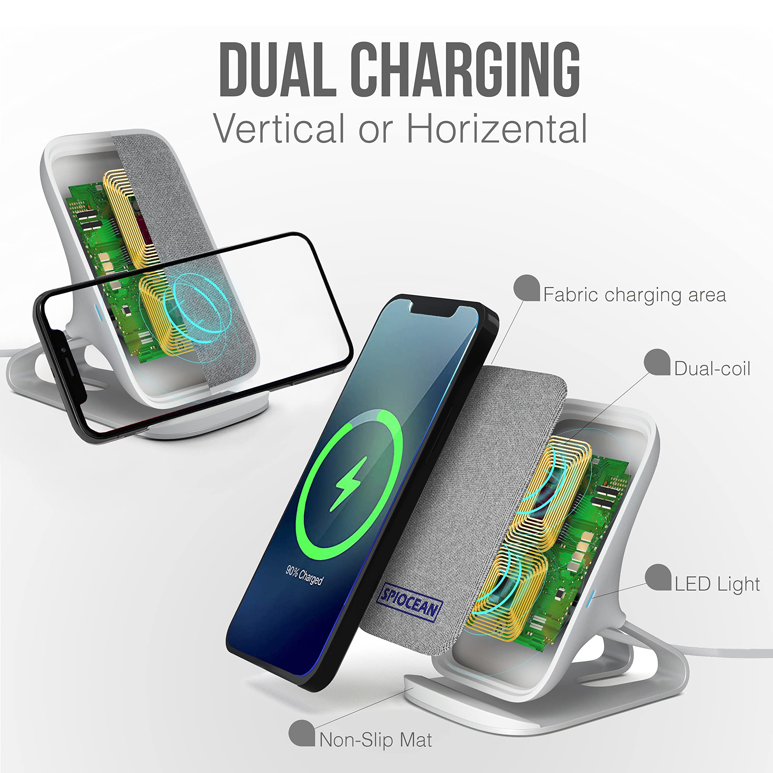SPIOCEAN Fast Wireless Charger Stand - Qi-Certified 10W Max Charging Pad for iPhone 16/15/14/13/12/11 Series, Samsung Galaxy S22/S21/S20/S10/S9/Note 20 - Includes QC3 Adapter - Perfect for Home, Office & Nightstand Charging