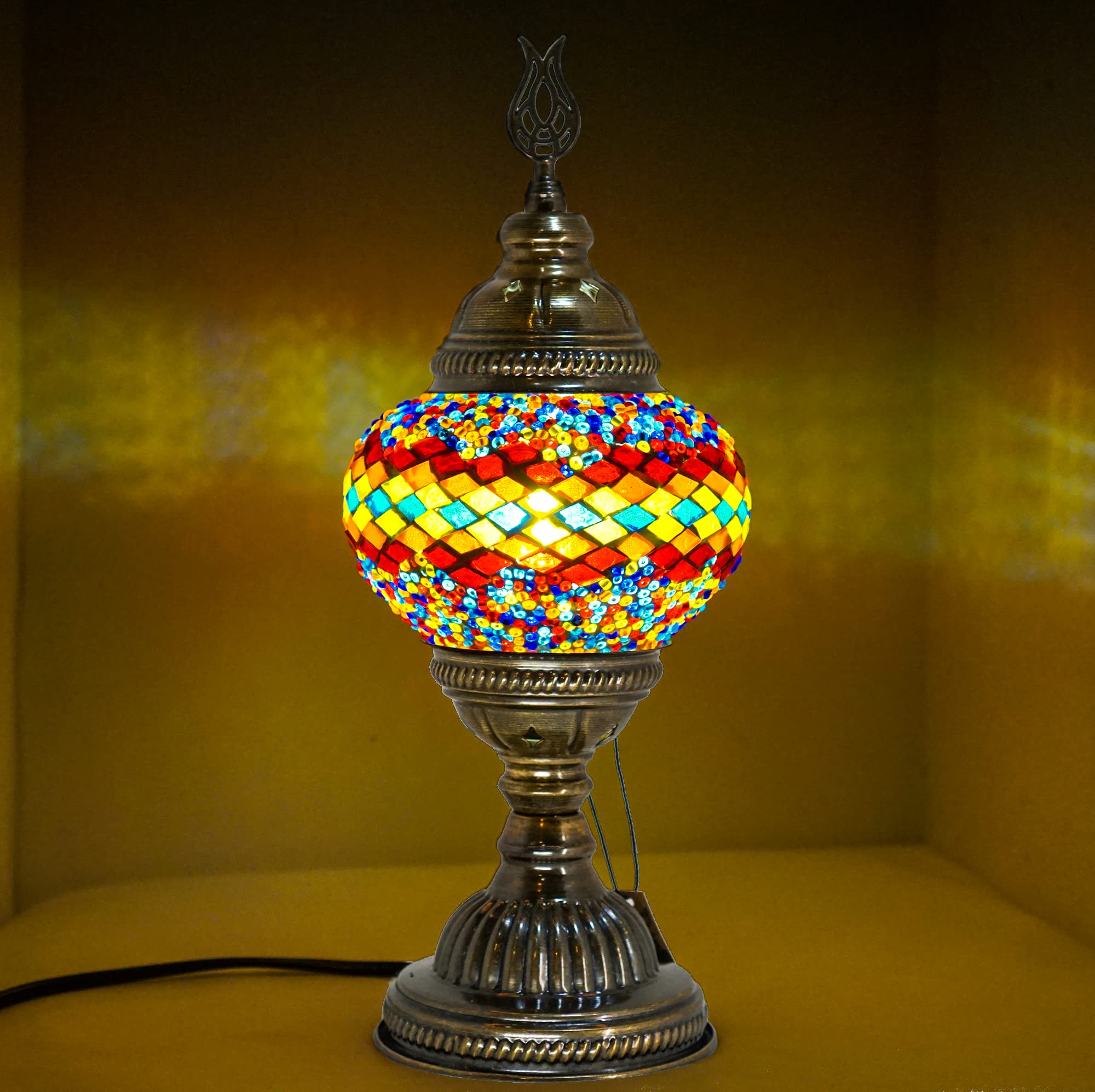 CHICON Handmade Mosaic Turkish Lamp - Genuine Glass Tiffany Style Boho Table Lamp, Antique Vintage Moroccan Decor, Orange Fire Wave Pattern for Living Room, Bedroom & Home Decor