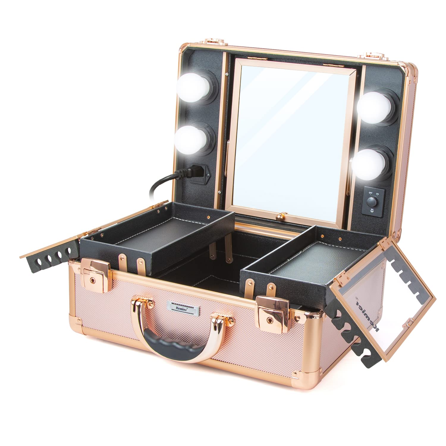 Kemier Professional Makeup Train Case with LED Lights & Mirror - Large Cosmetic Organizer Box with Custom Dividers, Rose Gold Makeup Artist Kit for Travel & Salon Use