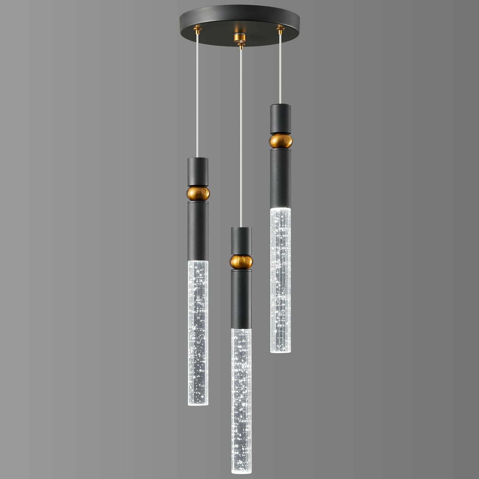 LMQNINE Modern Black Dimmable LED Mini Pendant Light with Bubble Crystal - 3-Light Kitchen Island Ceiling Fixture for Bedroom, Dining Room & Home Decor | Energy-Efficient Lighting for Stylish Interiors