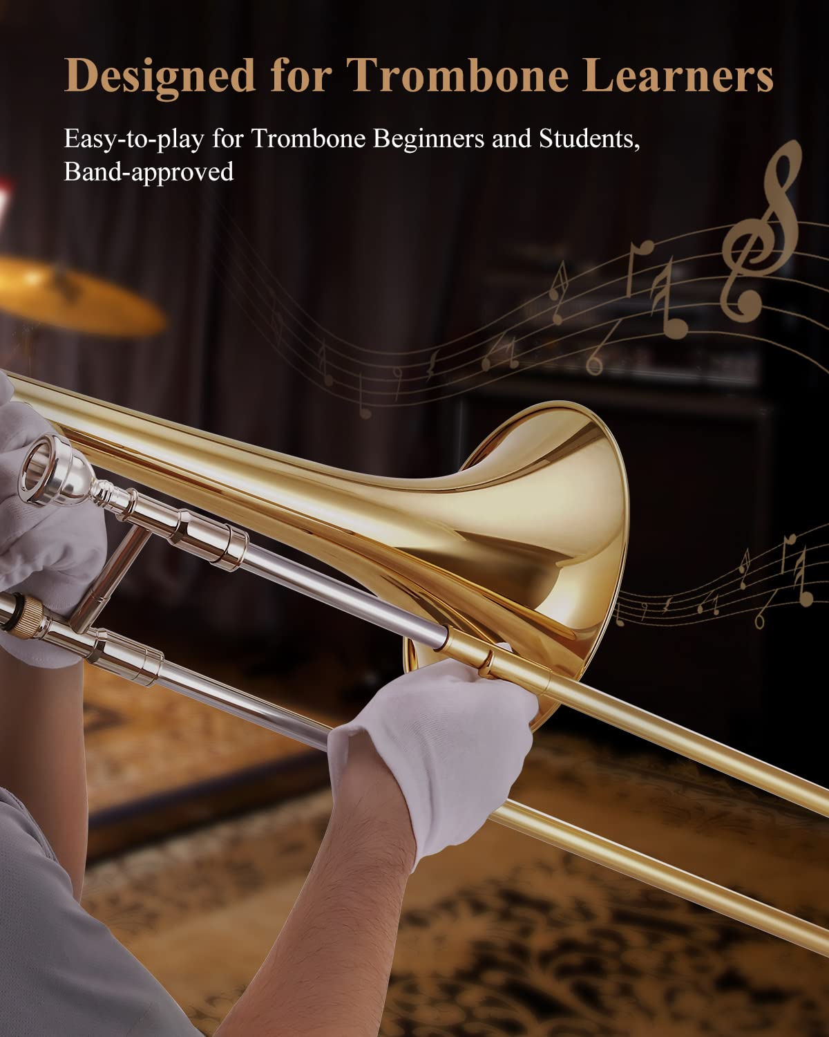 Eastar Bb Tenor Slide Trombone for Beginners - Brass Plated Student Trombone with Mouthpiece, White Gloves & Cleaning Kit (ETB-330, Golden) - Perfect for School Band, Jazz Ensemble & Music Practice