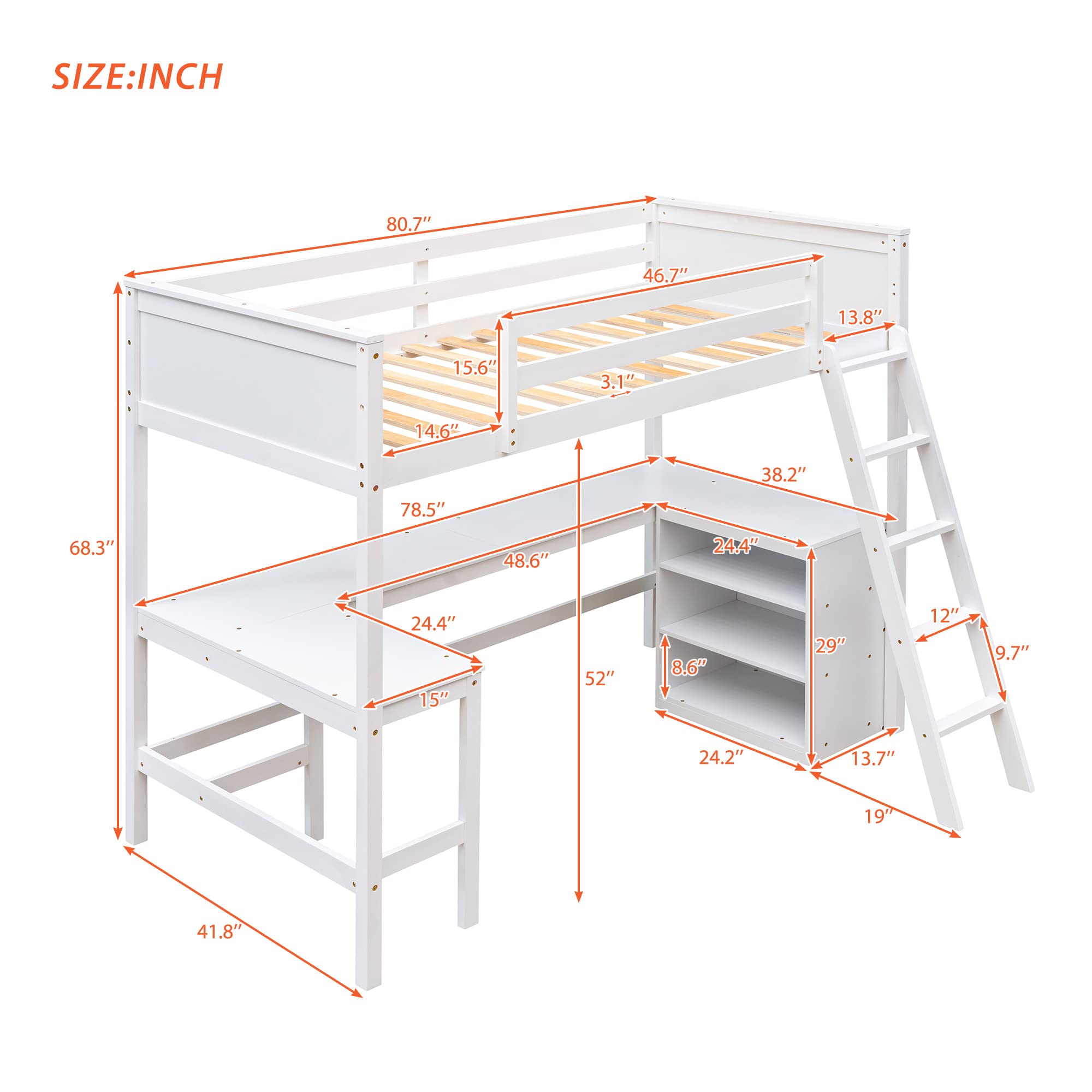 MERITLINE Twin Loft Bed with Study Desk & Storage Shelves - Sturdy Wooden Bunk Bed for Kids, Teens, Boys & Girls - Space-Saving Design (No Box Spring Needed) - Perfect for Small Bedrooms, Dorm Rooms & Kids' Study Areas (Twin Size, White Finish)