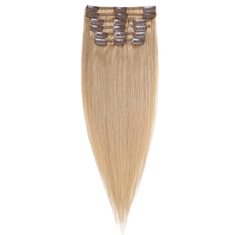 Hairro 24 Inch Clip-in Human Hair Extensions - 8 Pieces, 18 Clips, #27 Dark Blonde, Long Straight Real Hair Extensions for Women - Perfect for Volume, Length & Styling for Parties, Weddings & Daily Wear