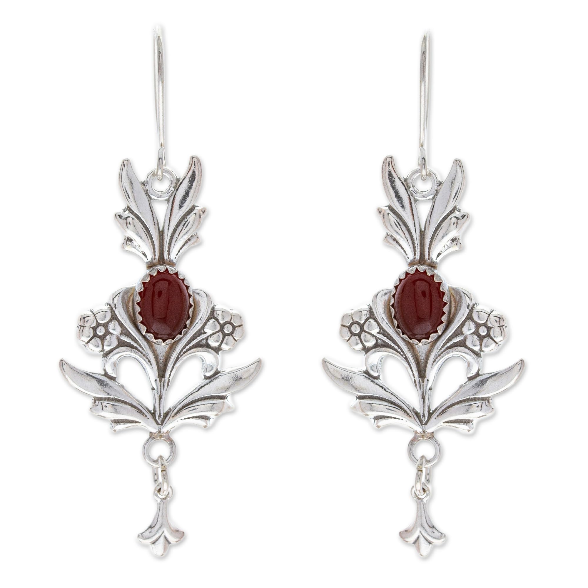 Handmade Sterling Silver Carnelian Dangle Earrings - Mexican Artisan Jewelry, Red Aurora Leaf Tree Design, Birthstone Gift for Women (2.1